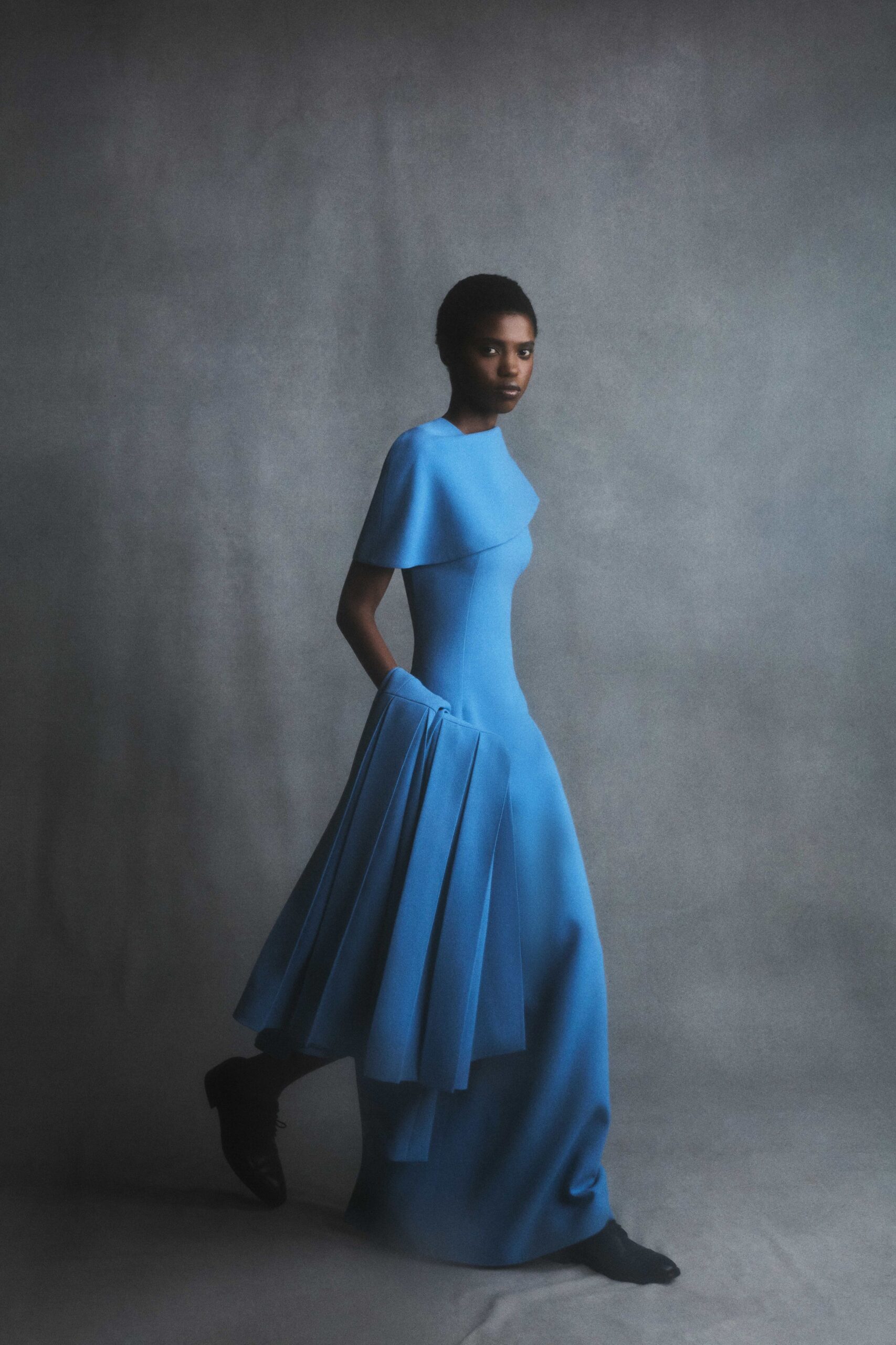 blue silk pleated gown