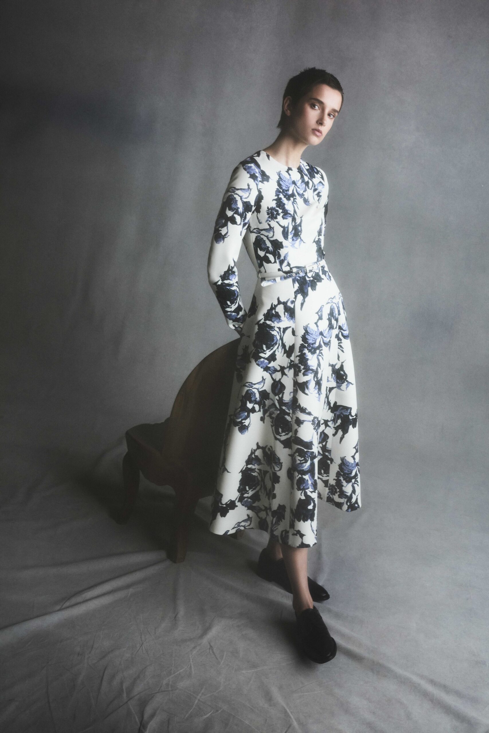 white cotton long-sleeve collared fitted floral a-line dress
