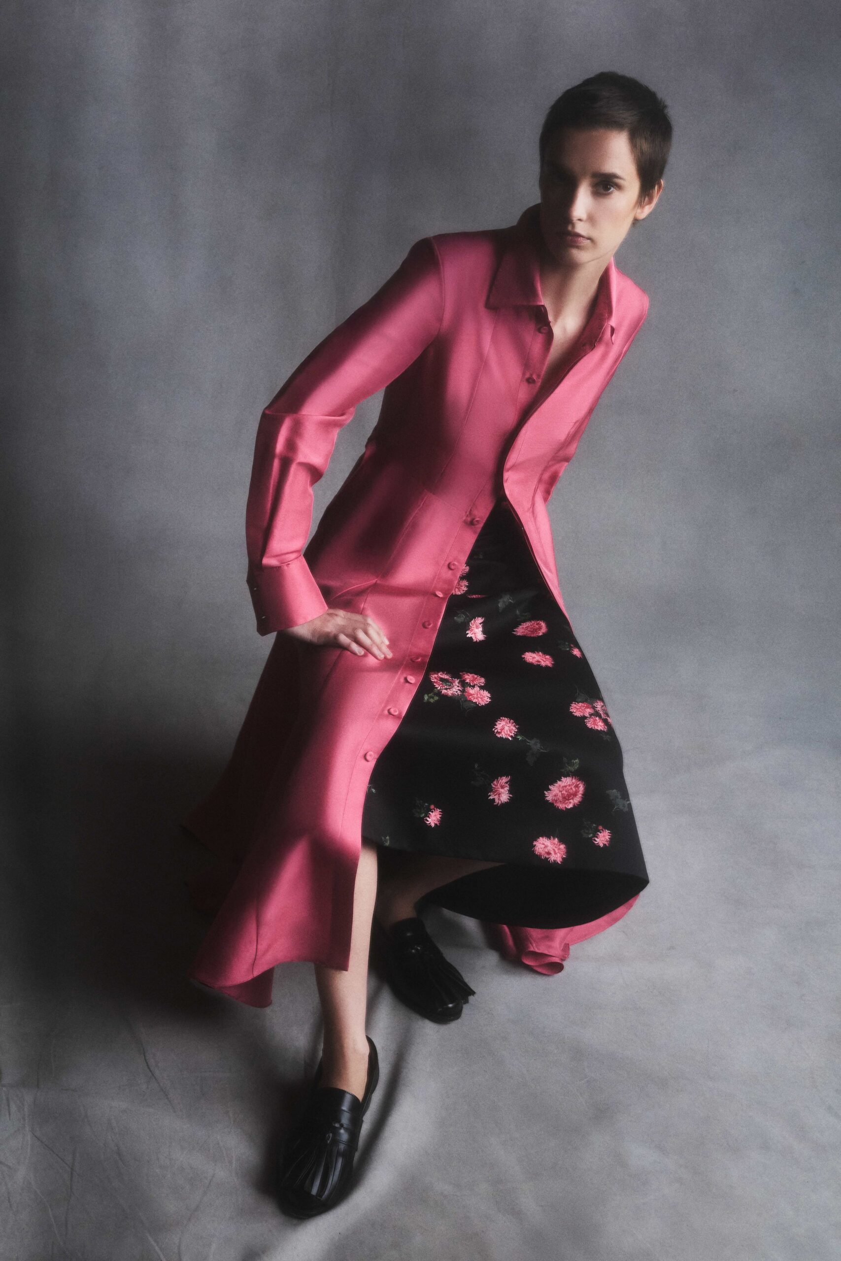 pink silk long-sleeve collared fitted buttoned midi coat