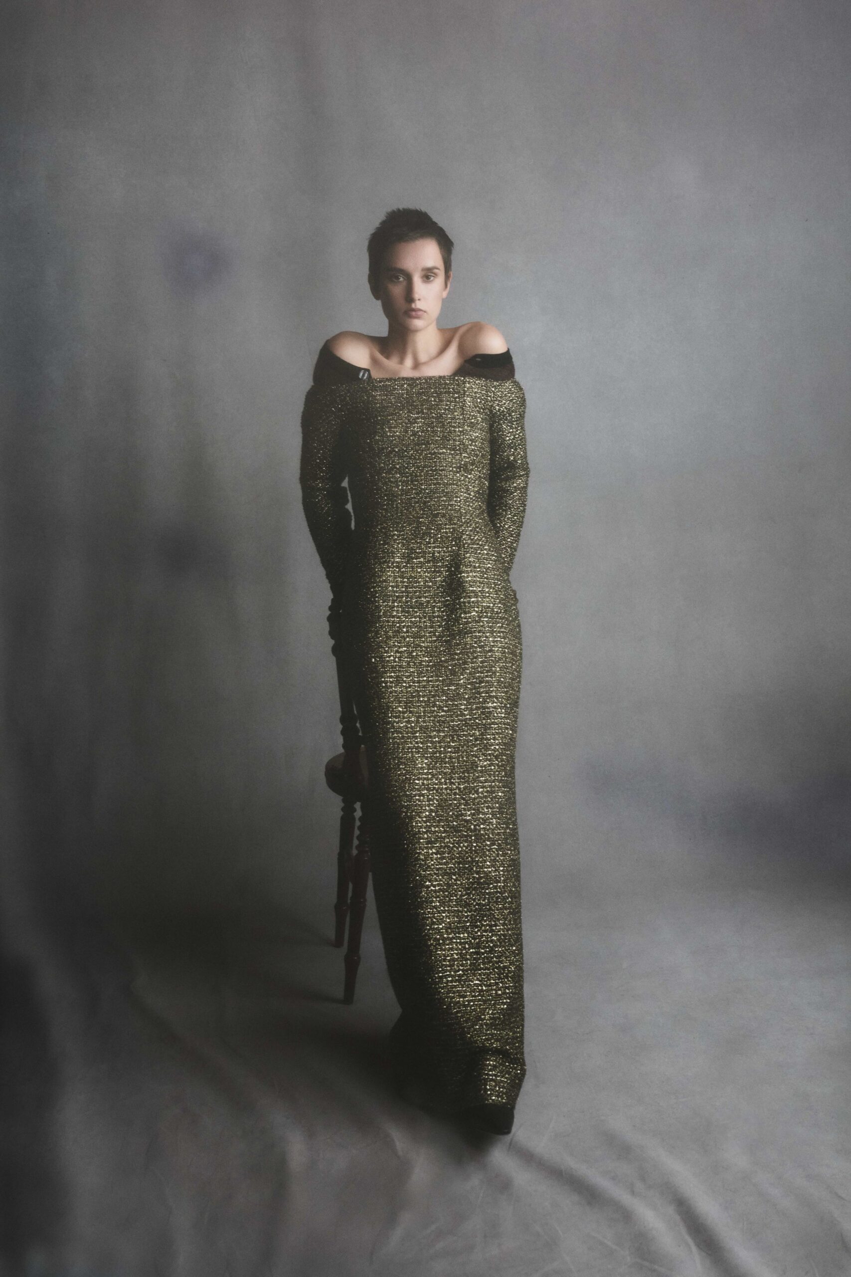 gold silk off-shoulder gown
