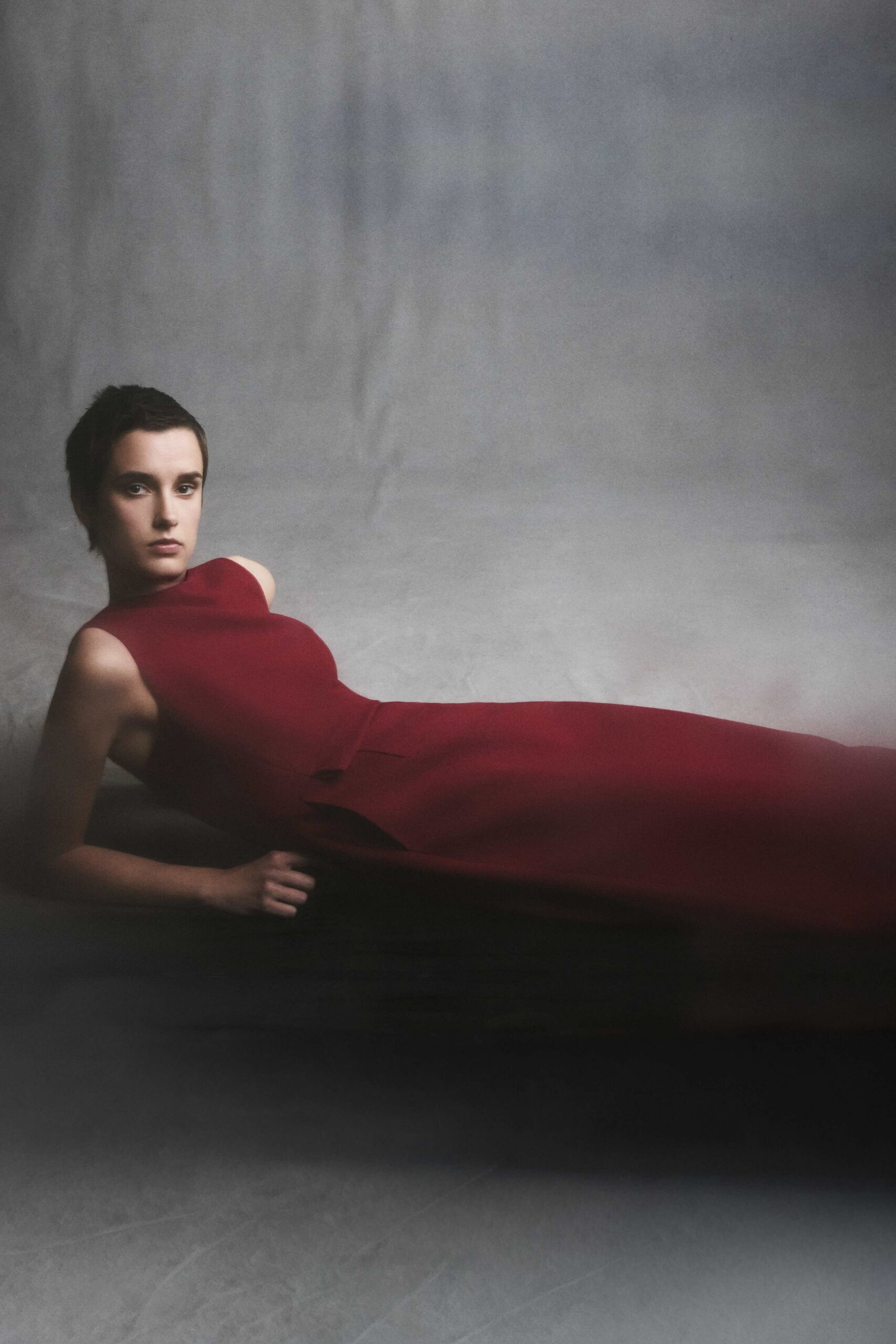 fitted red silk gown