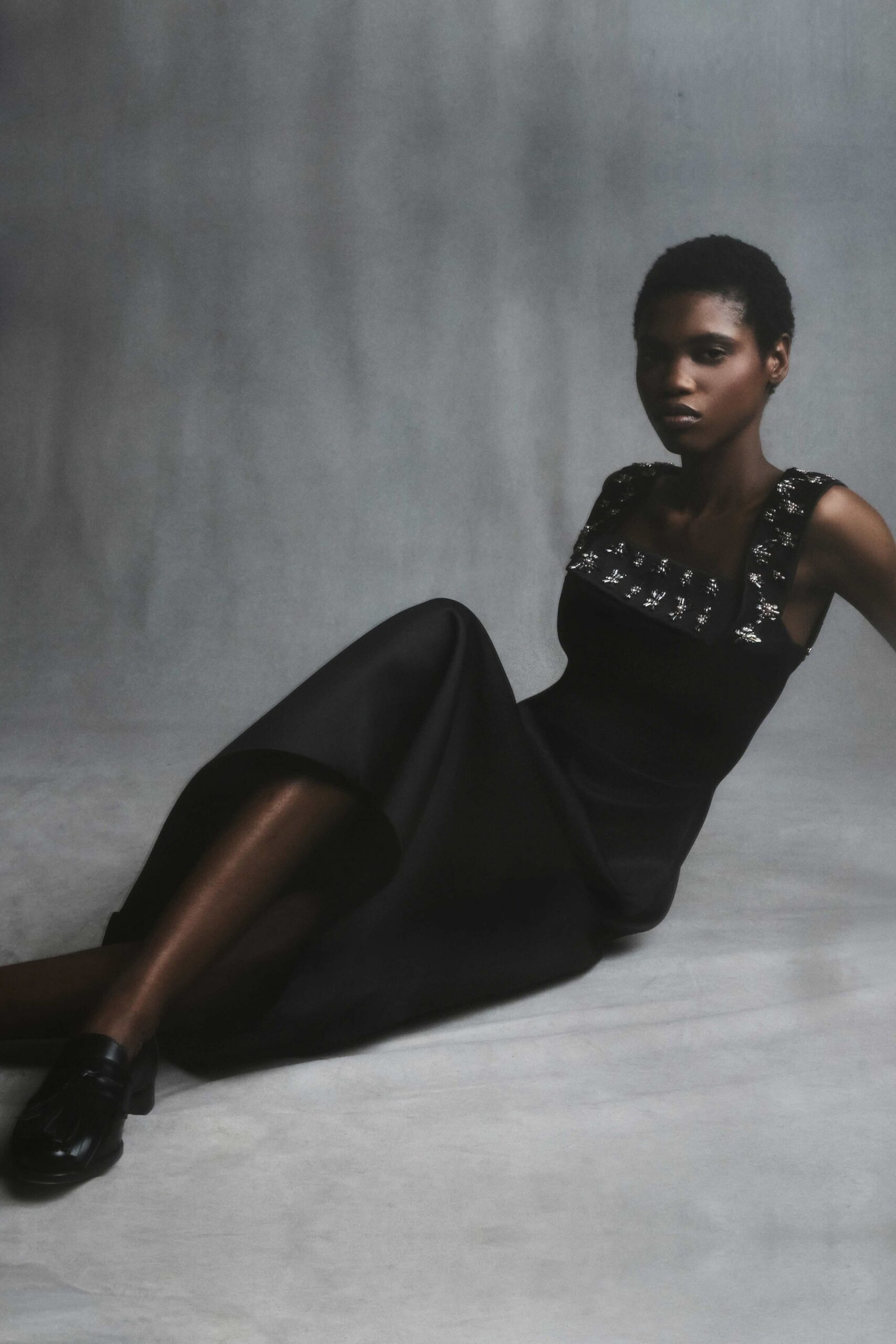 black silk sleeveless v-neck fitted embroidered midi dress
