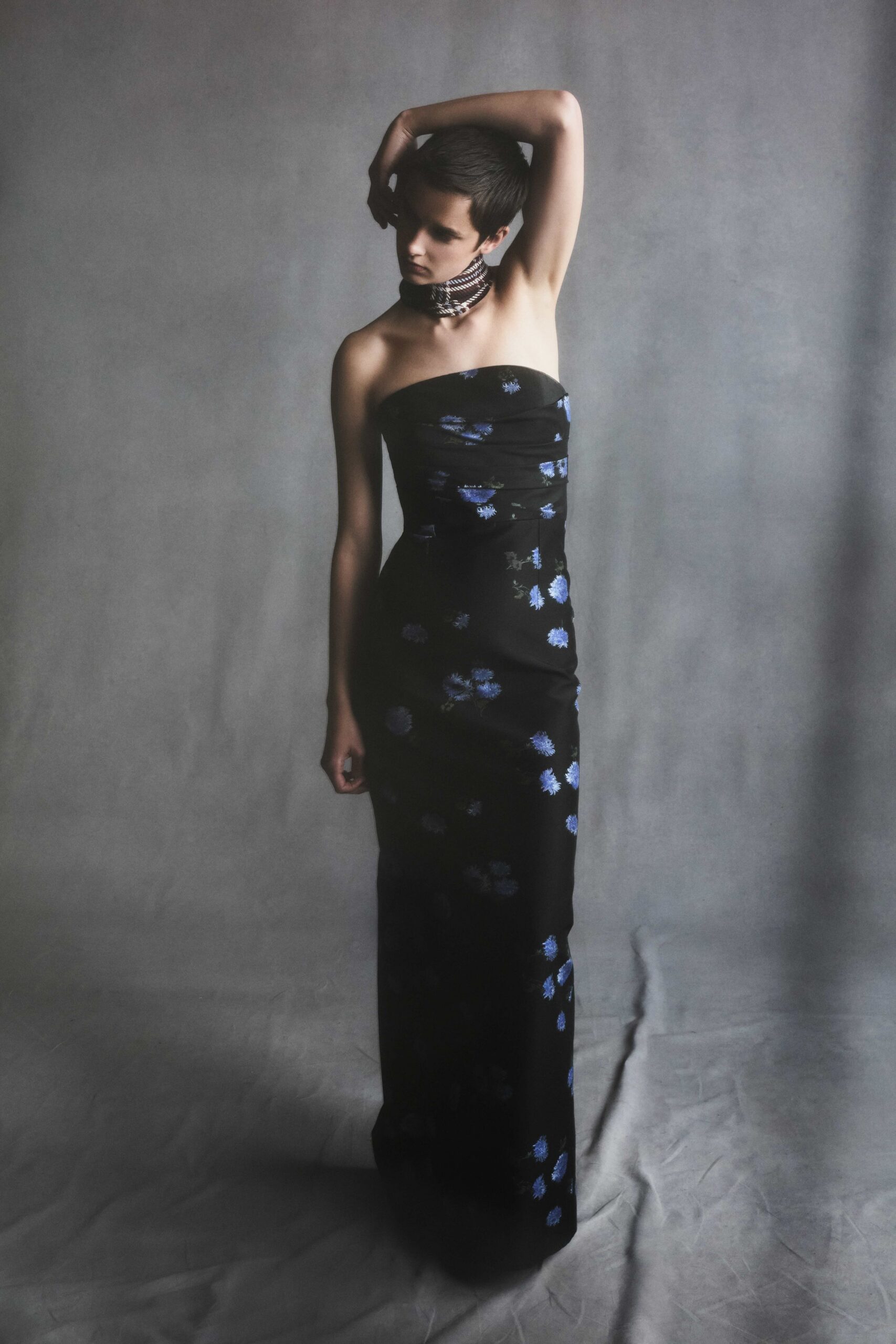 black floral strapless gown
