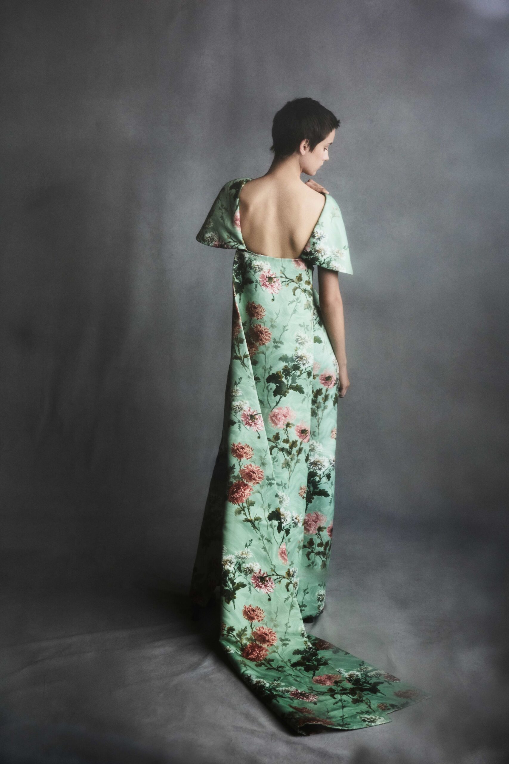 floral green silk gown
