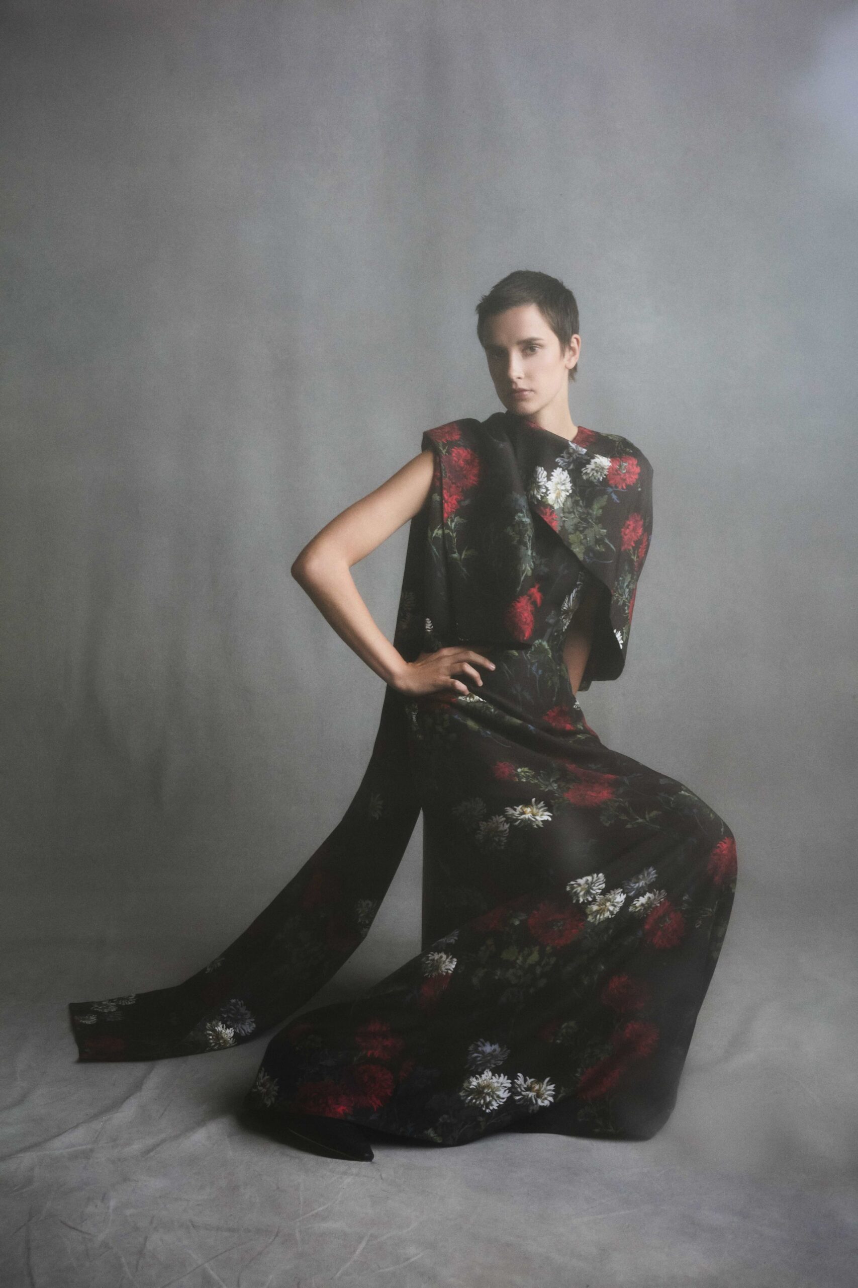black floral silk gown