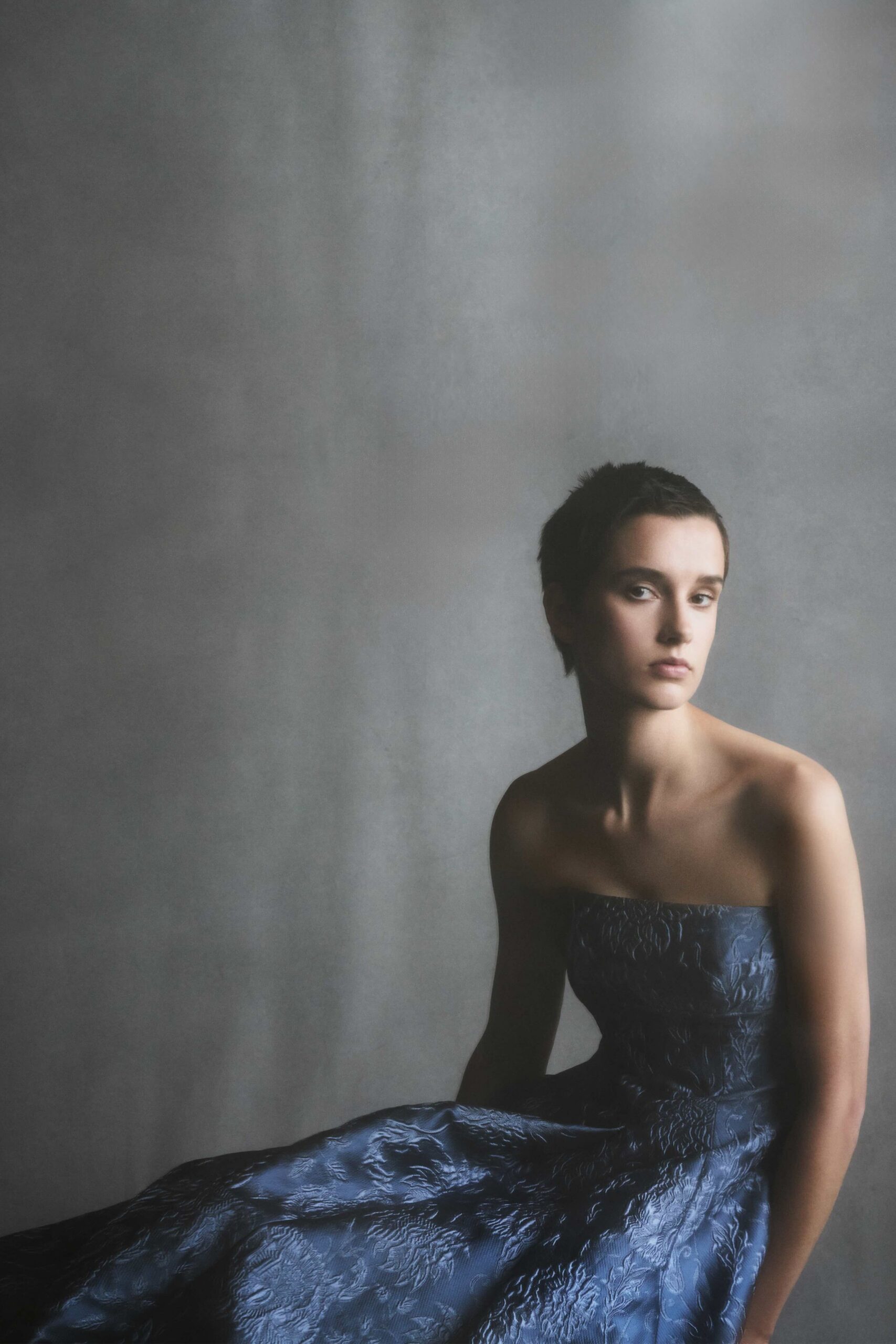 blue silk strapless gown