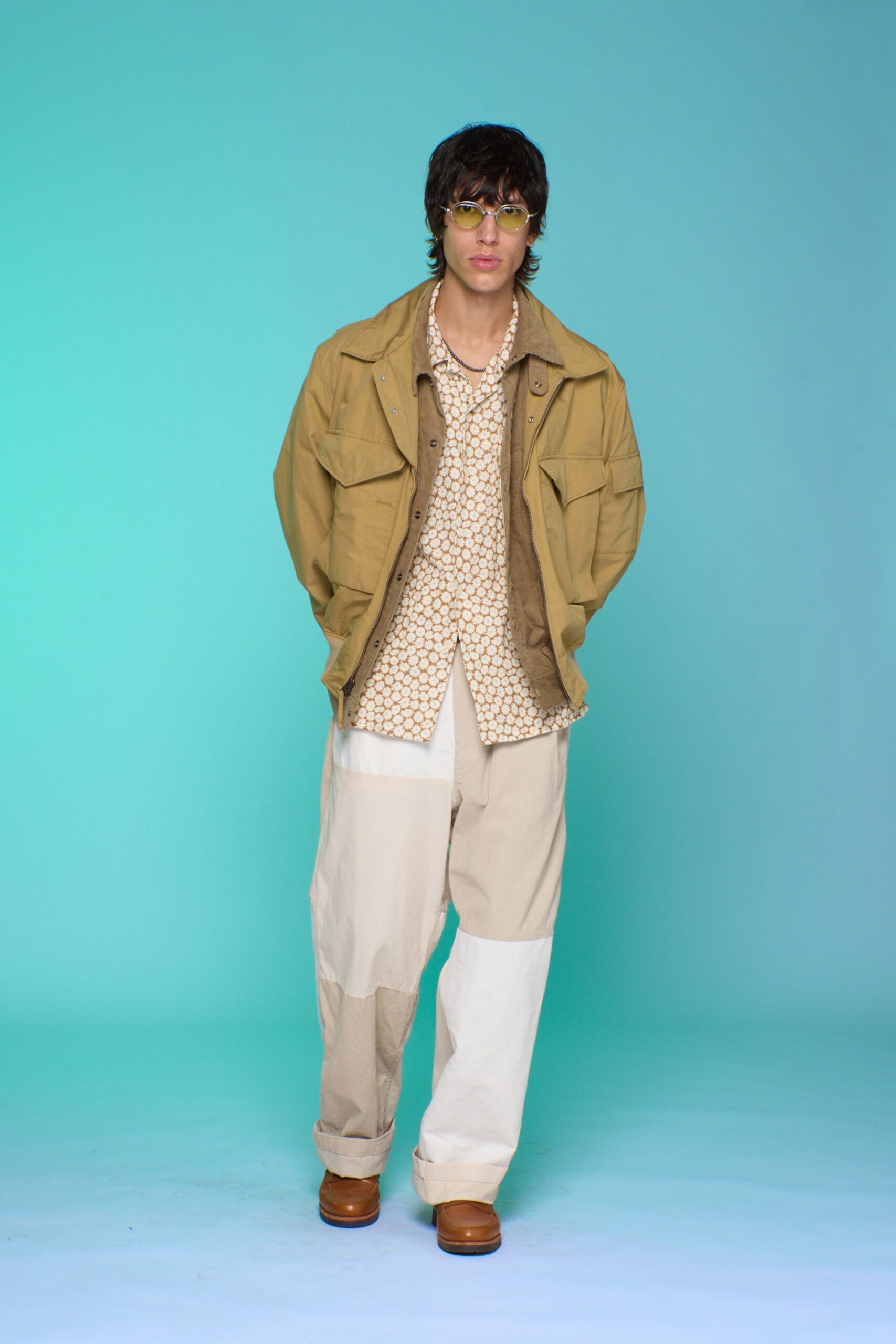 beige relaxed jacket with printed shirt