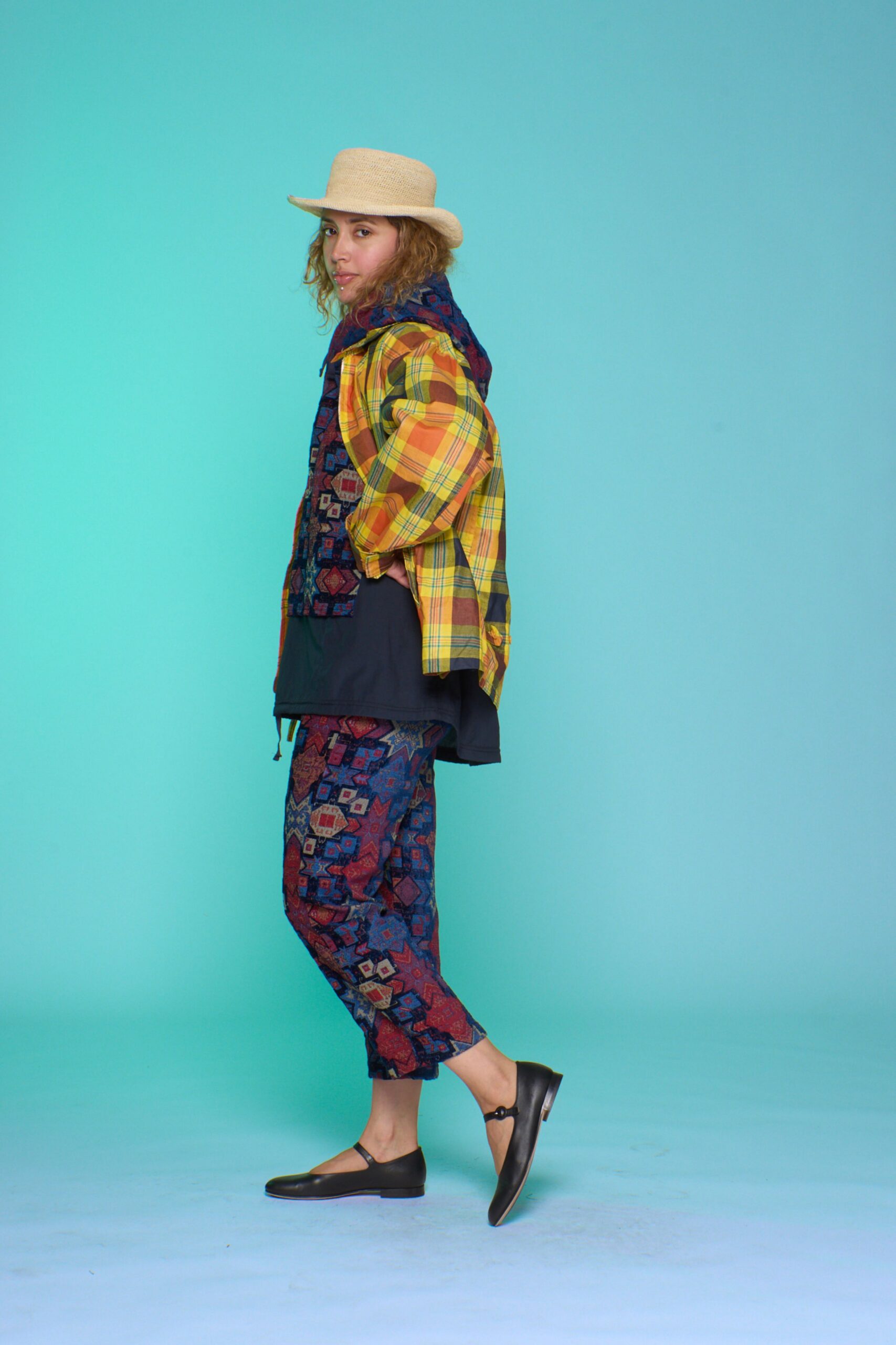 colorful jacket and printed pants