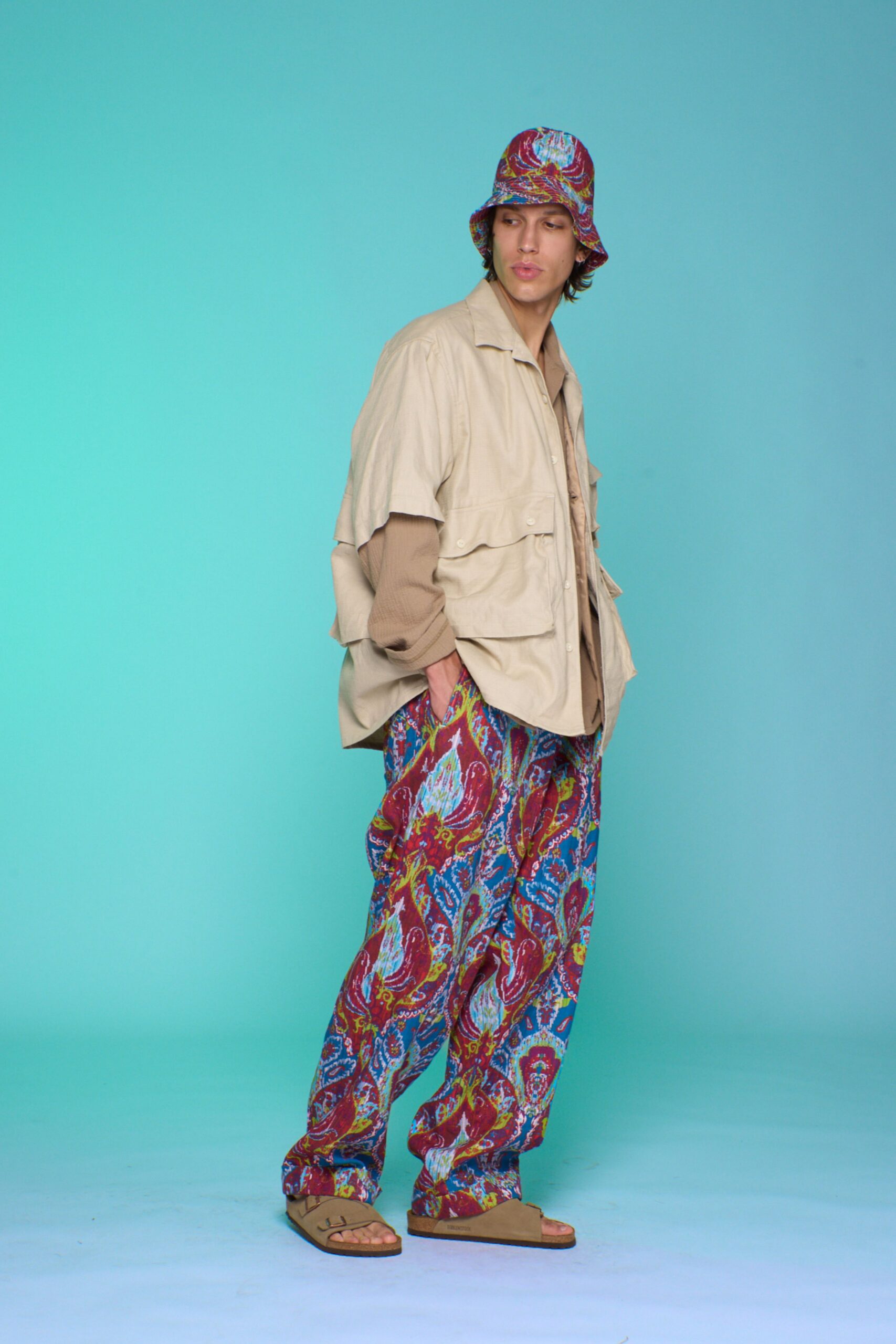 beige jacket with printed pants