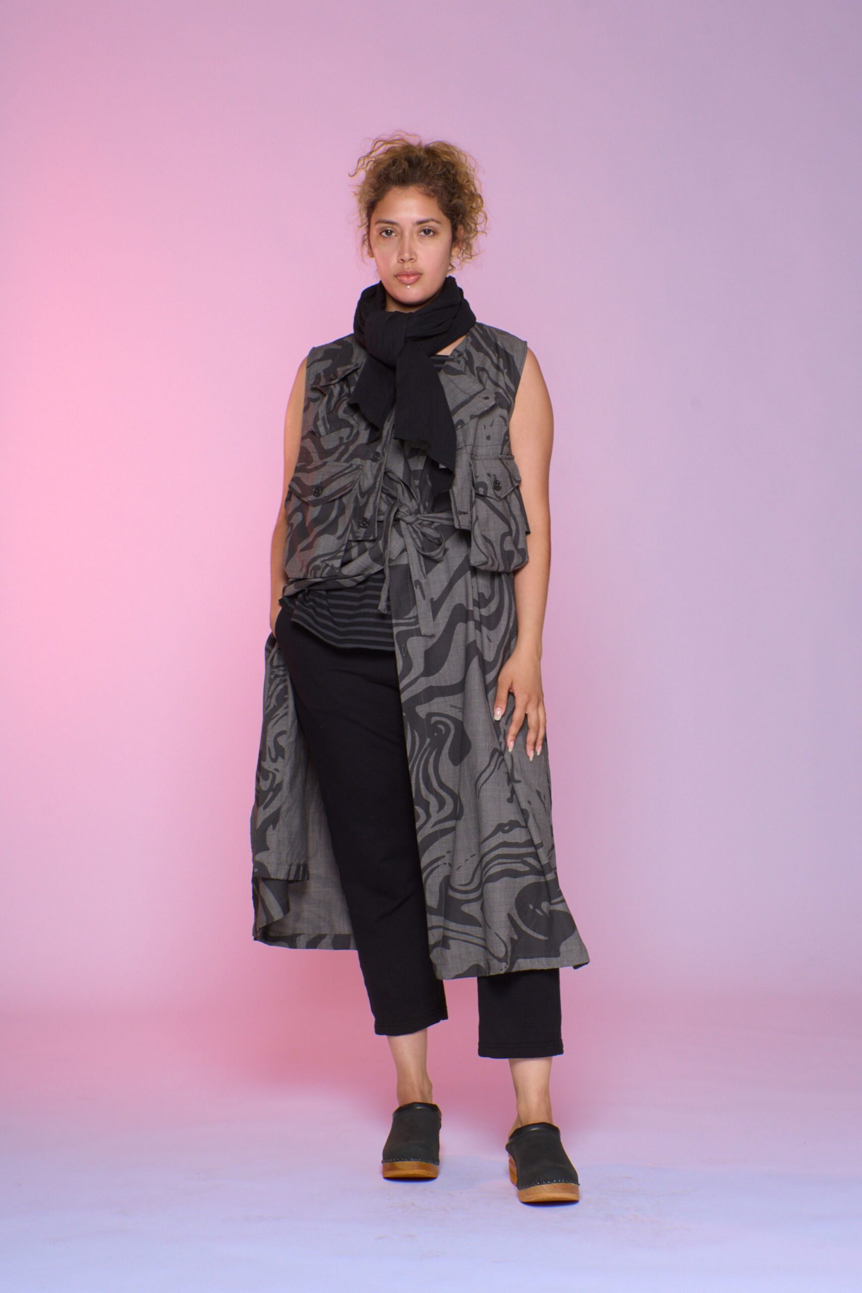 gray printed vest with black top