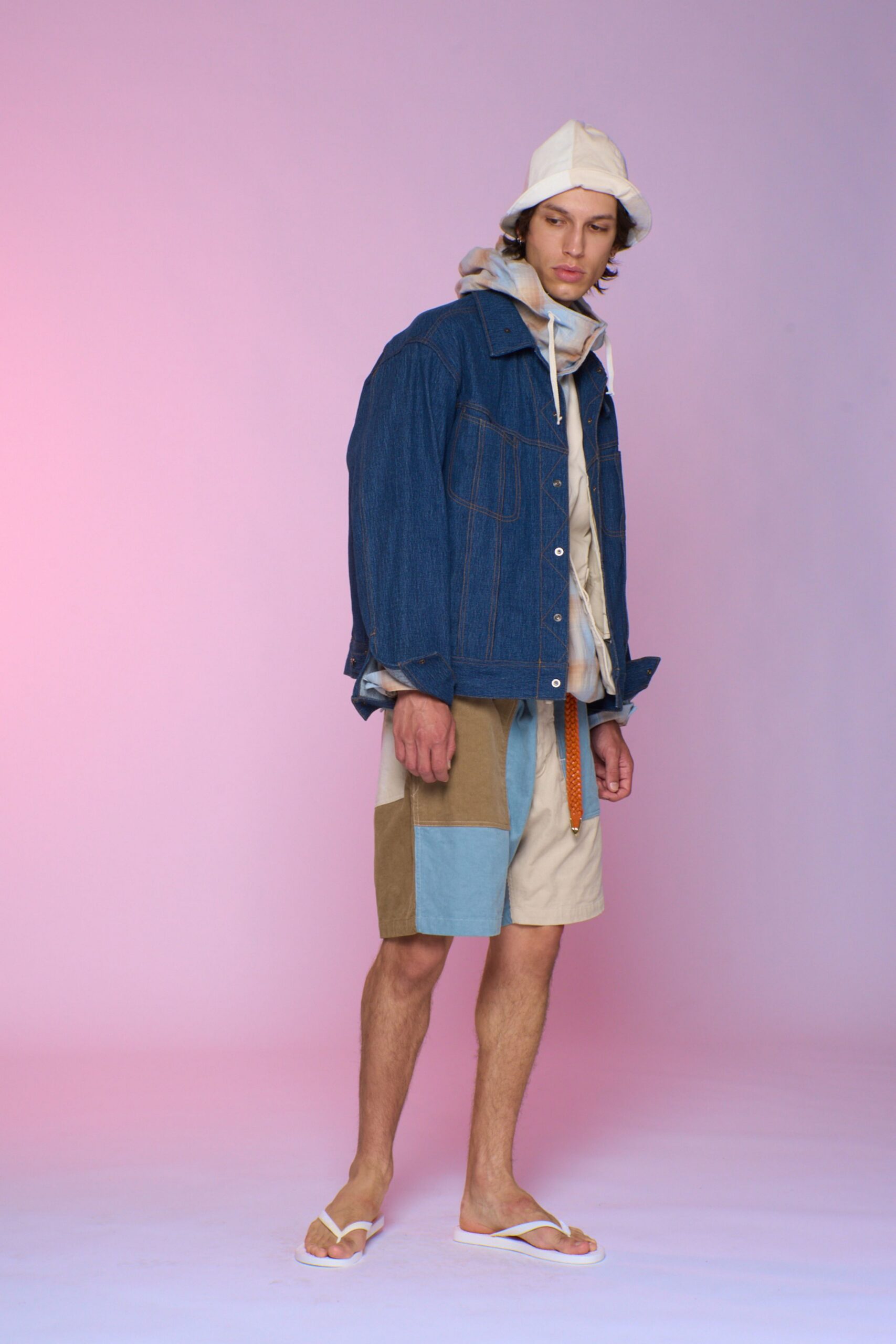 denim jacket gray hoodie shorts