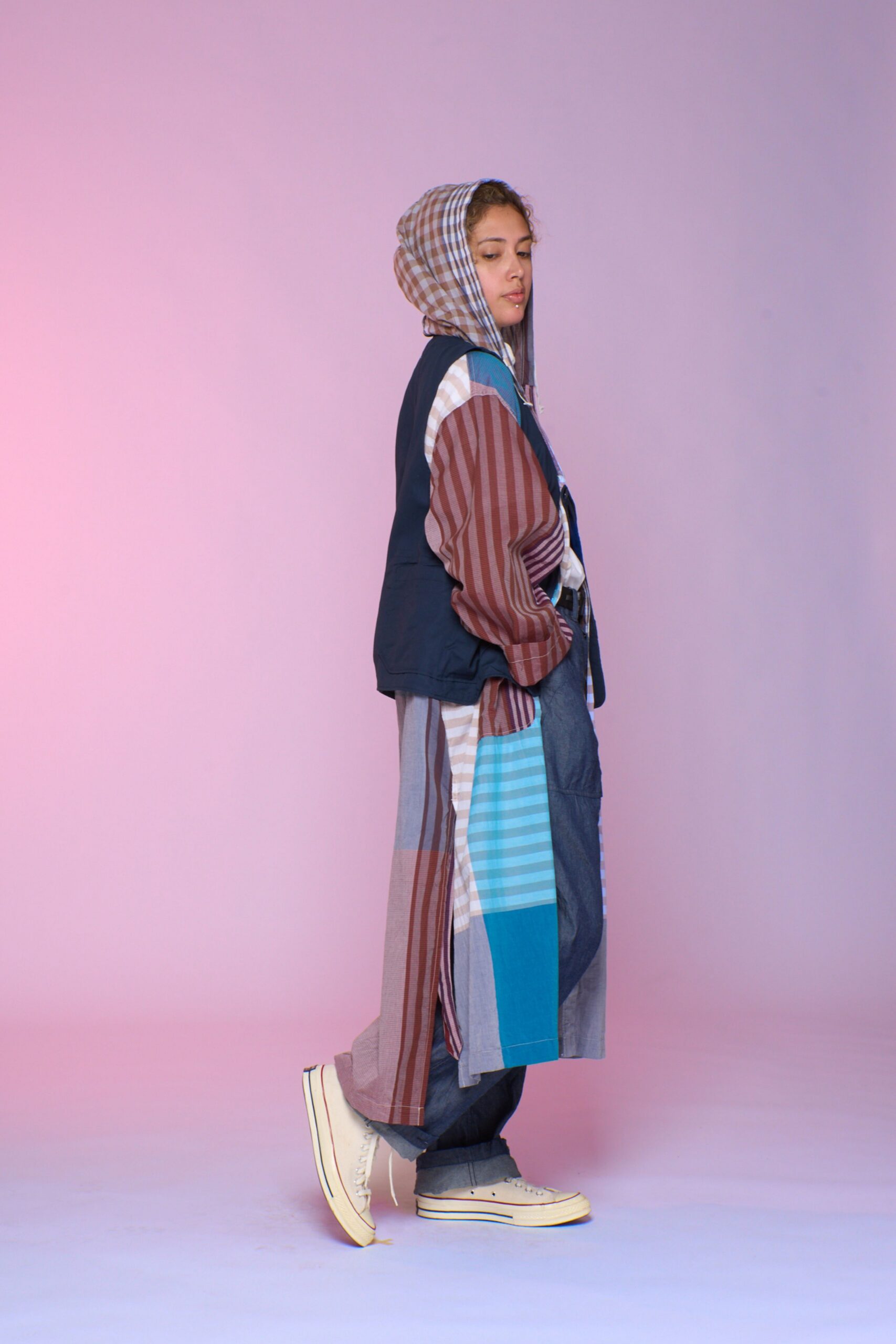 color-blocked jacket and layered dress
