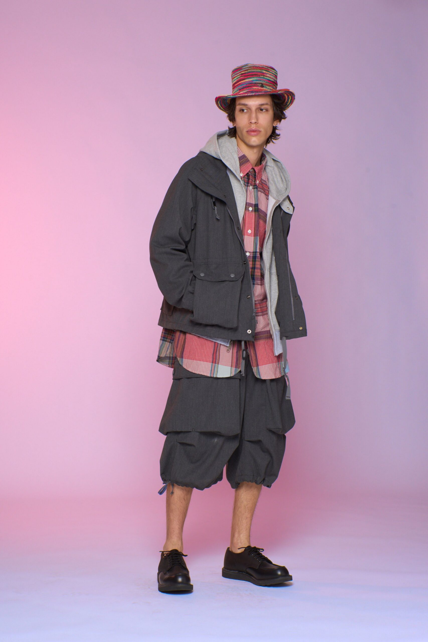 gray jacket with checked shirt