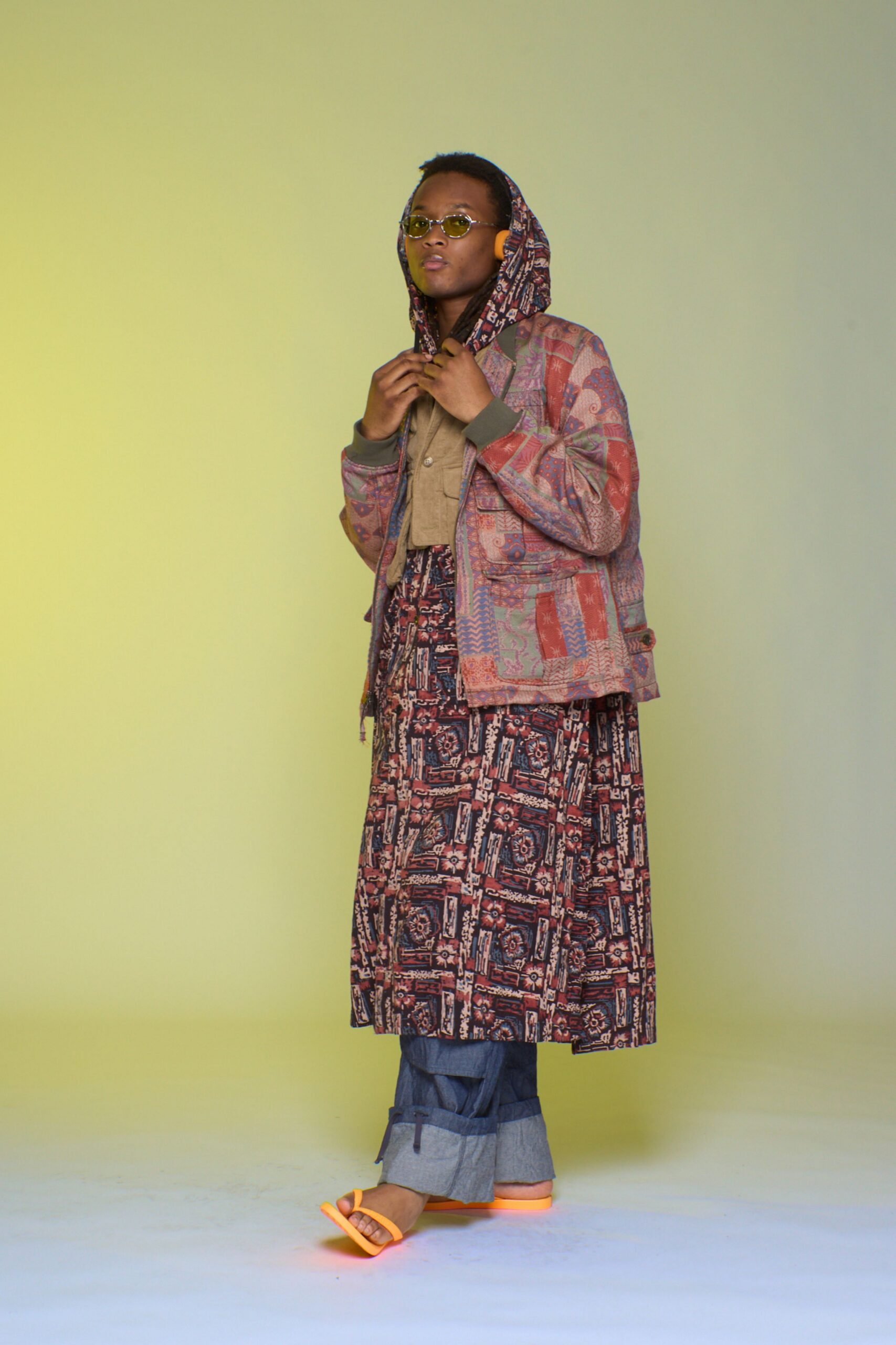 multi-colored relaxed jacket with printed maxi skirt
