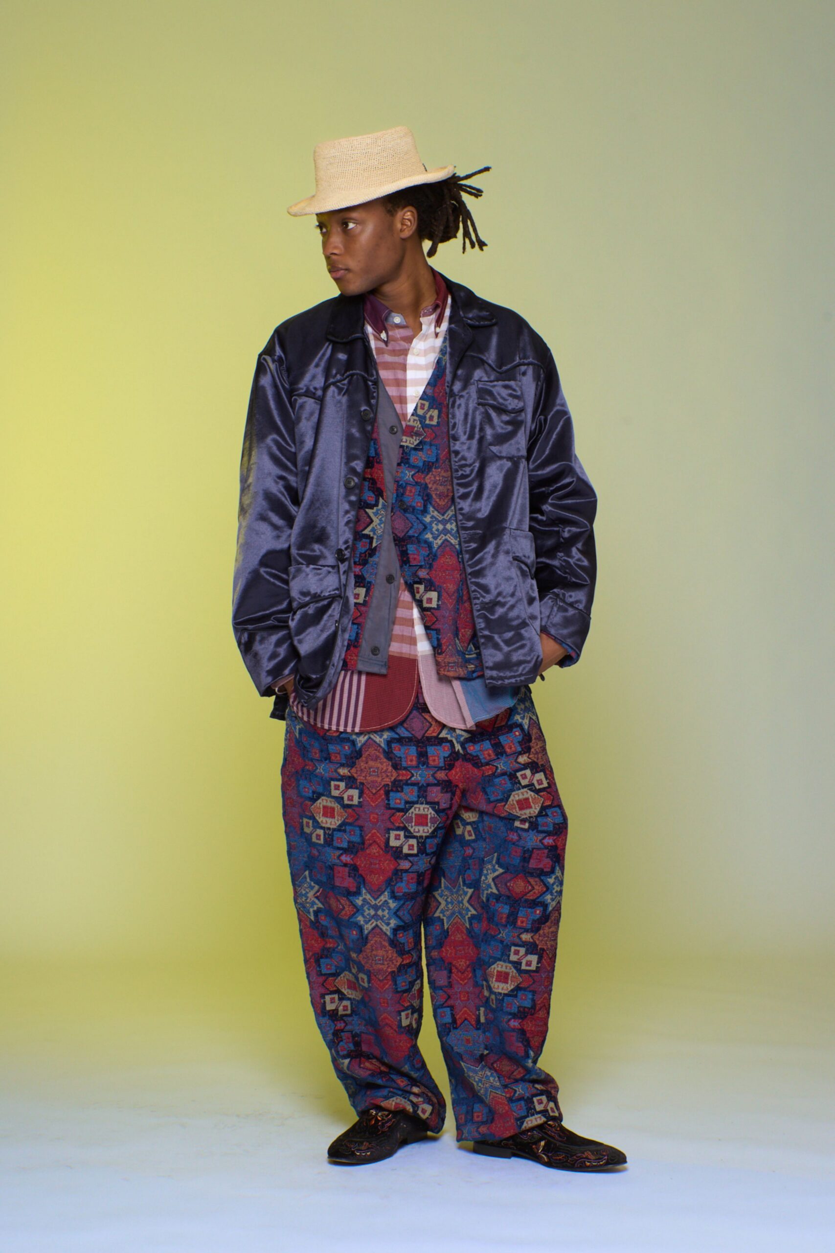 black satin jacket with printed pants