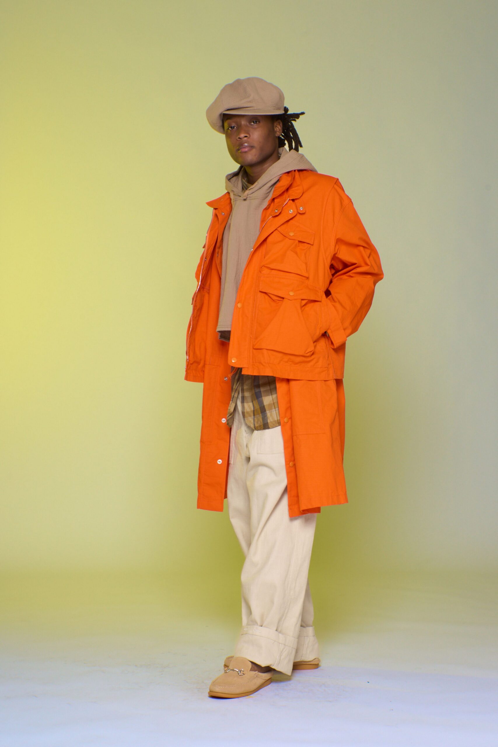 orange cotton long-sleeve collared relaxed buttoned pockets coat