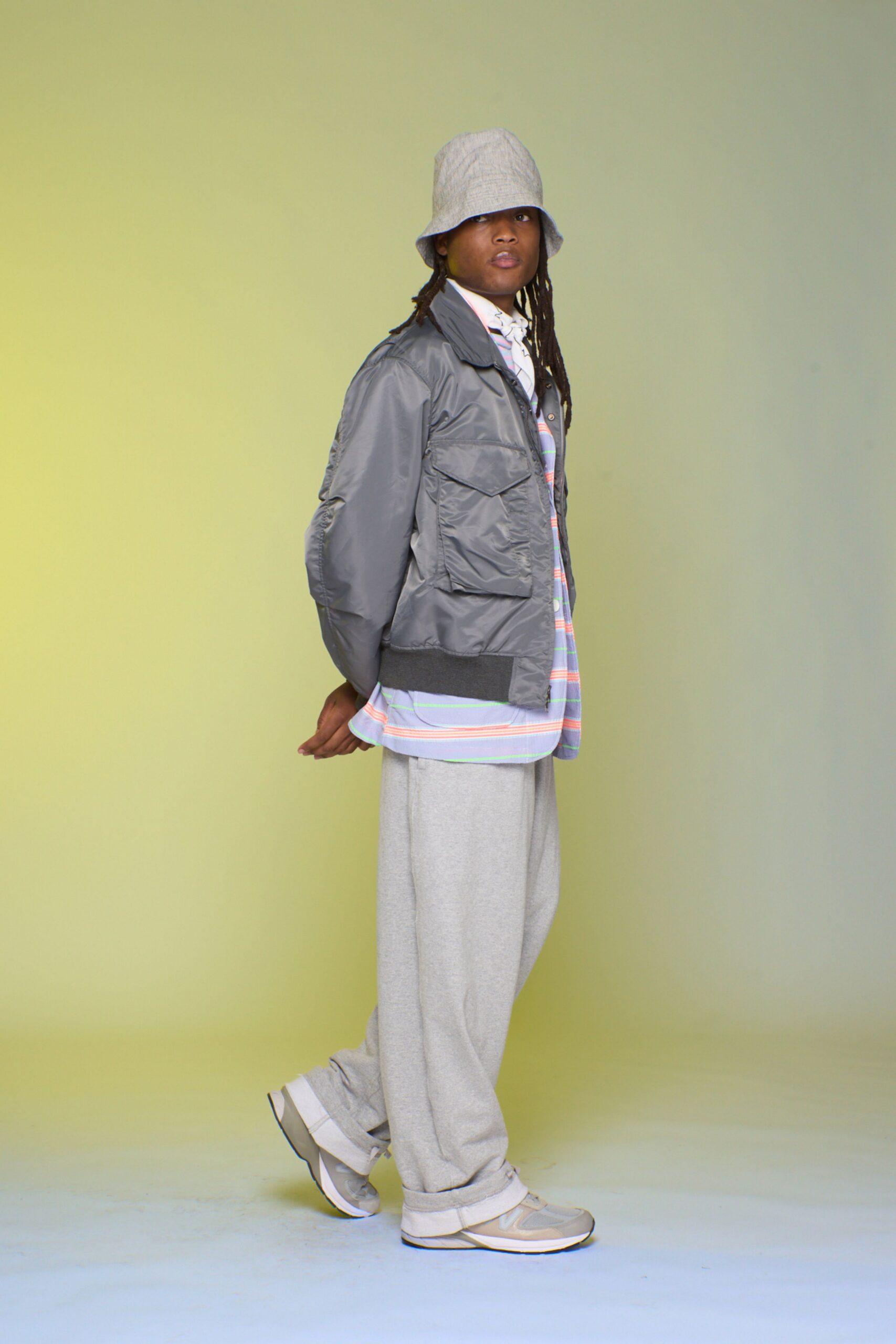 gray jacket with checked shirt
