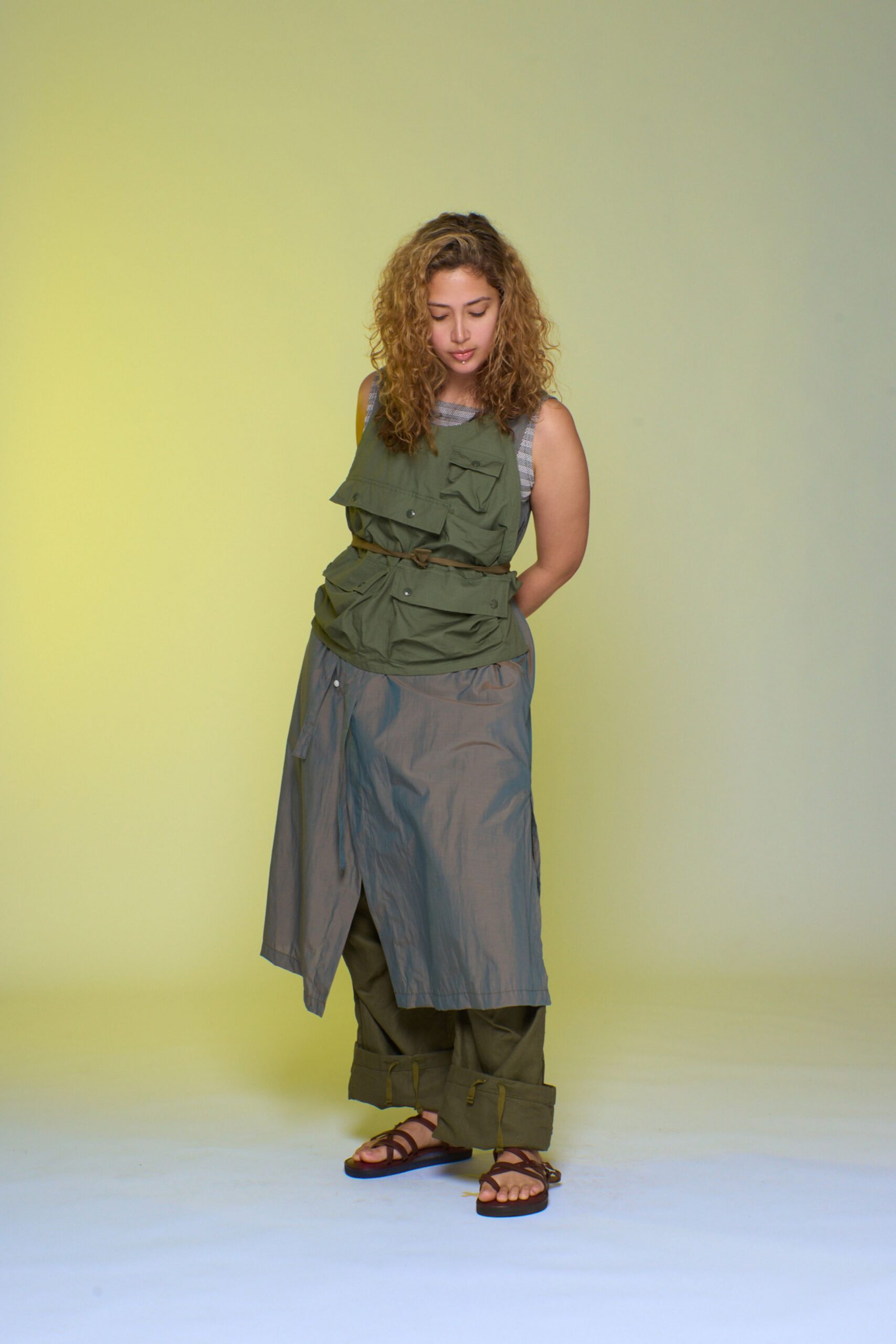 green cotton jumpsuit with gray pants