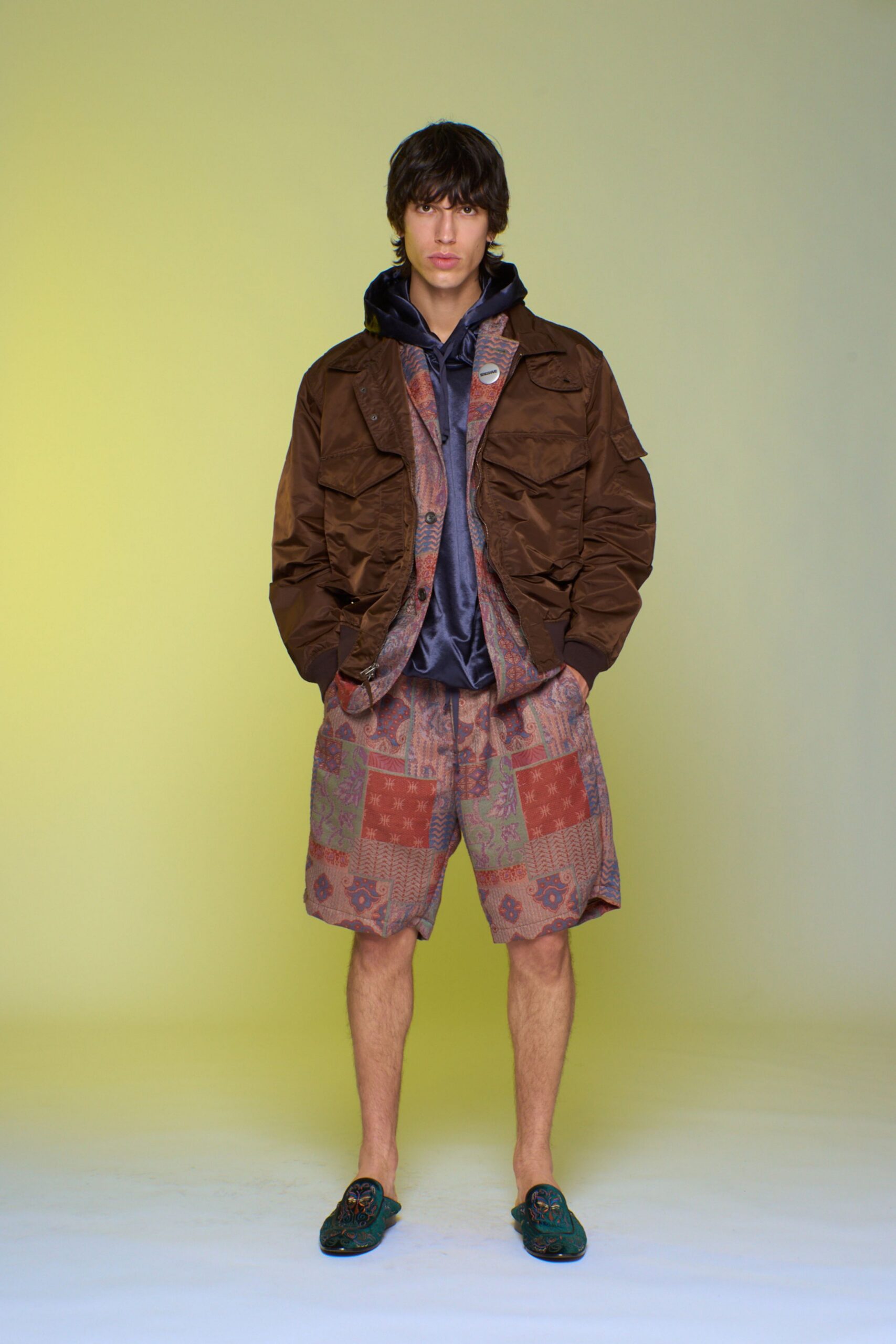 brown jacket gray hoodie patchwork shorts