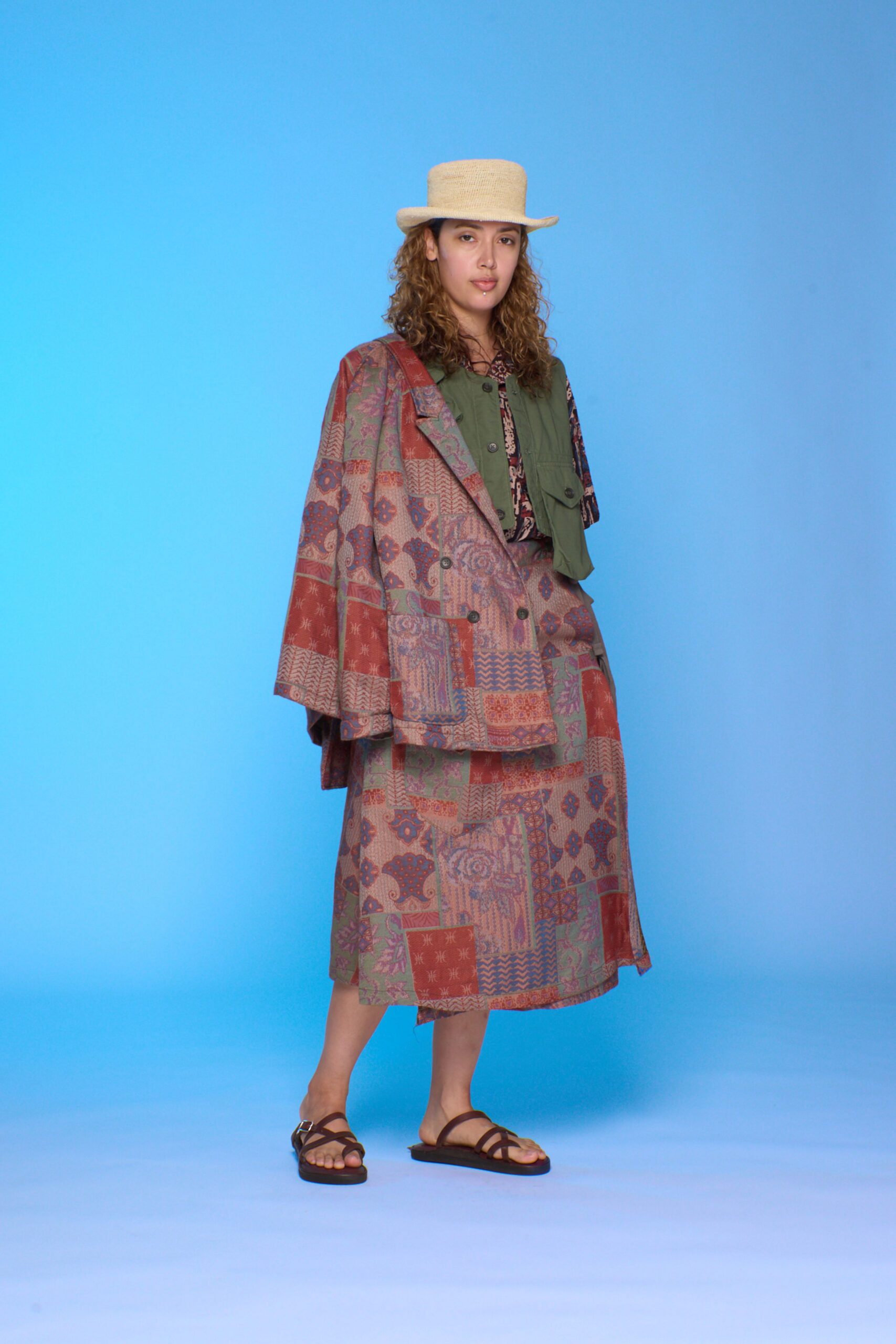 green cotton long-sleeve collared relaxed layered buttoned jacket