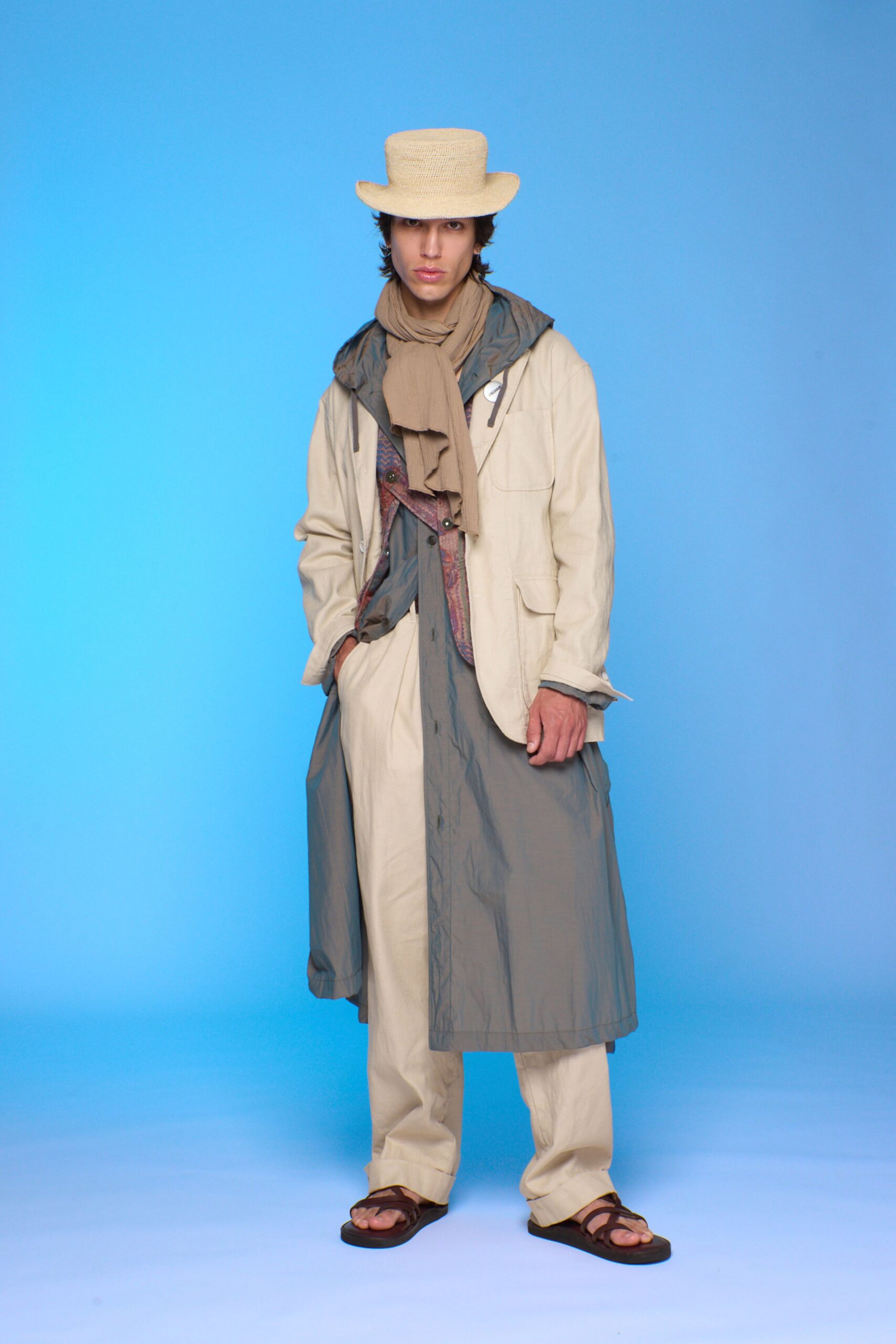 beige cotton long-sleeve collared relaxed buttoned maxi coat