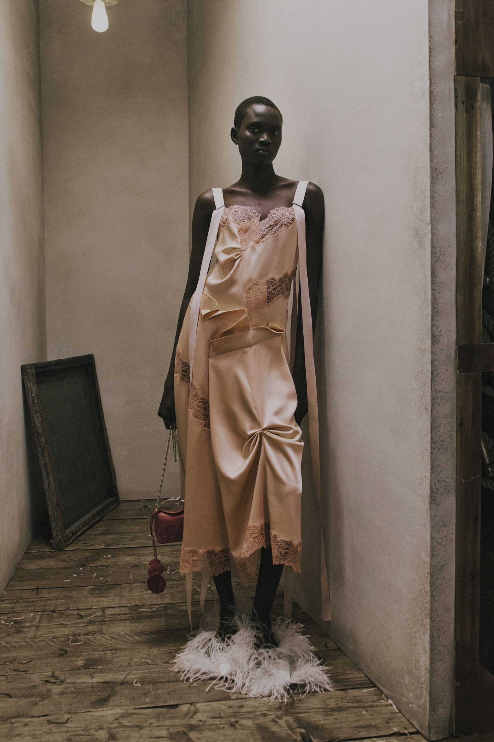 pink silk sleeveless fitted ruffled draped midi dress