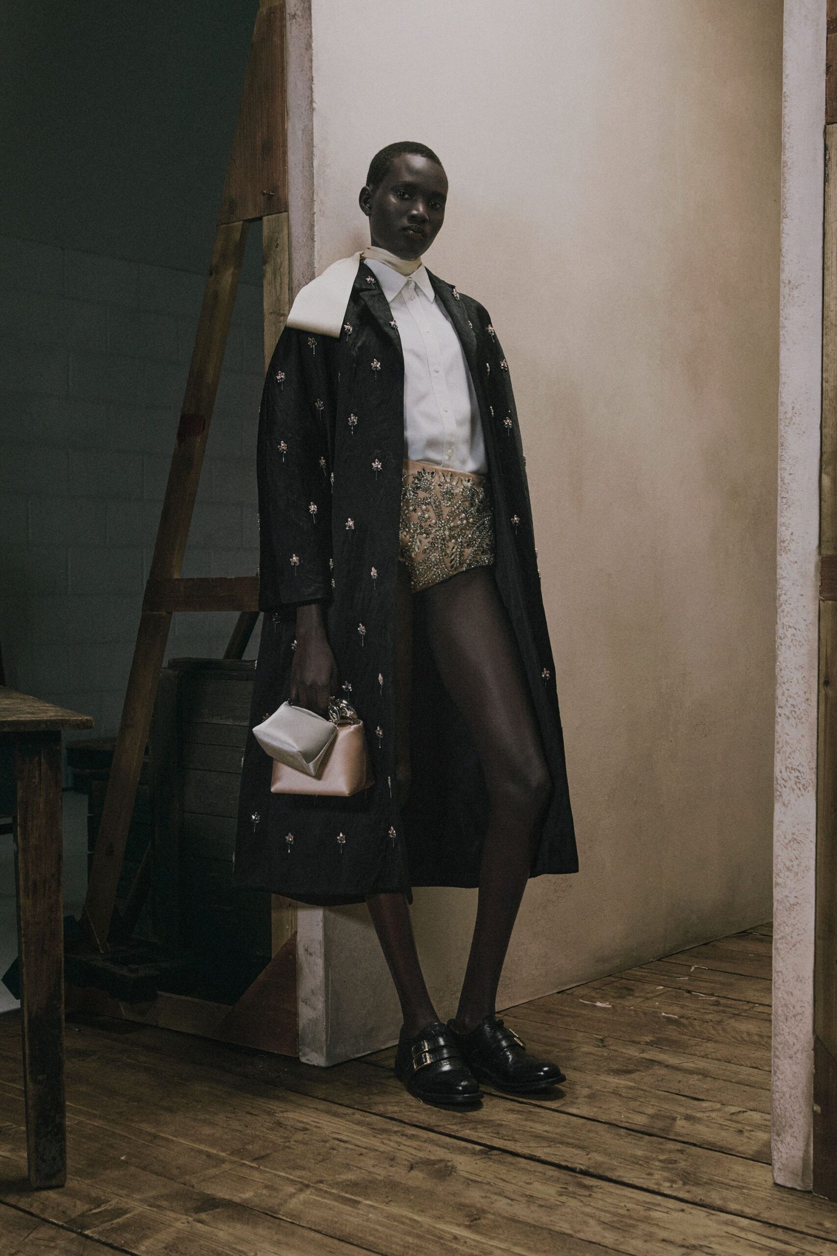 black silk long-sleeve collared relaxed embroidered coat