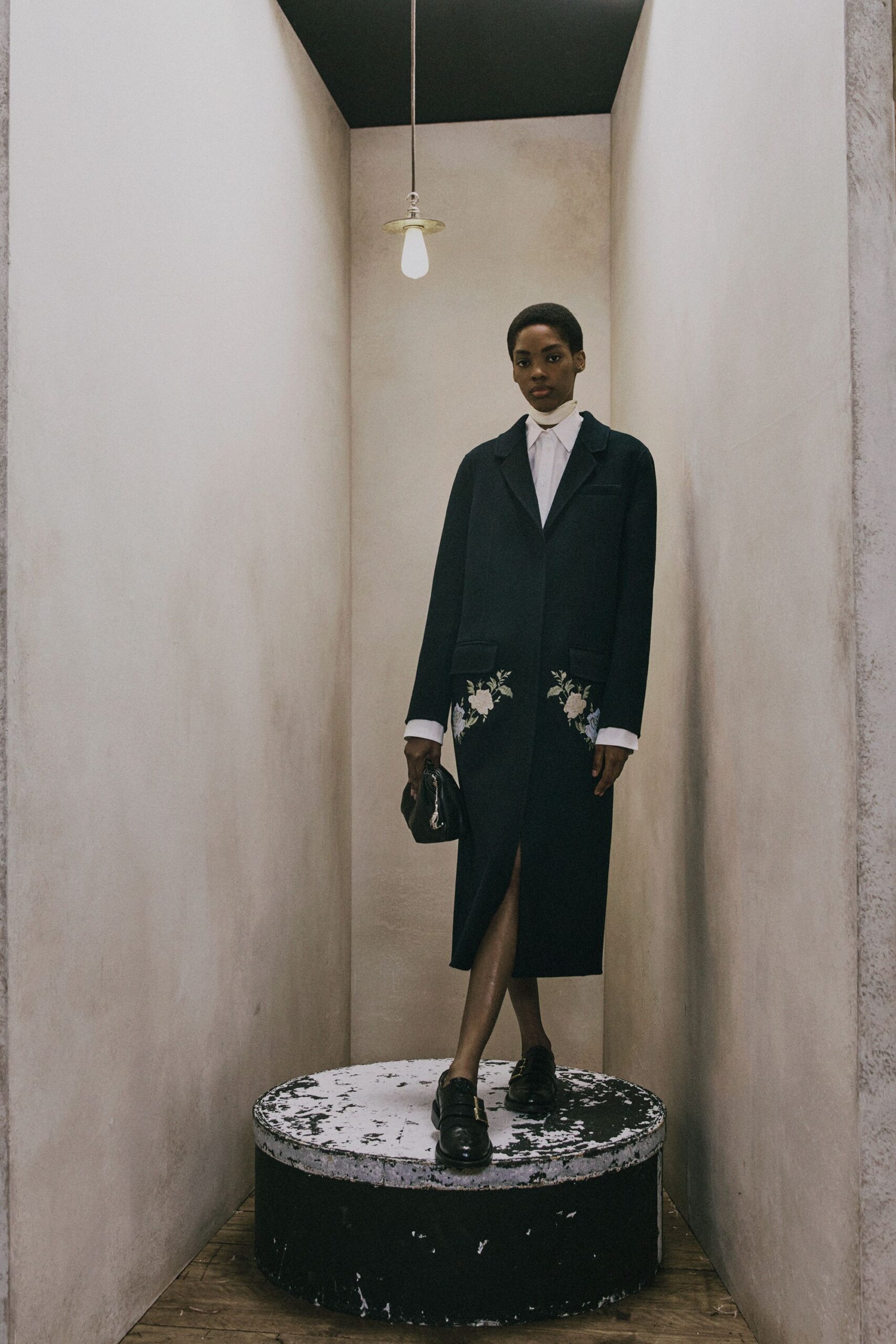 black wool long-sleeve collared relaxed embroidered midi coat