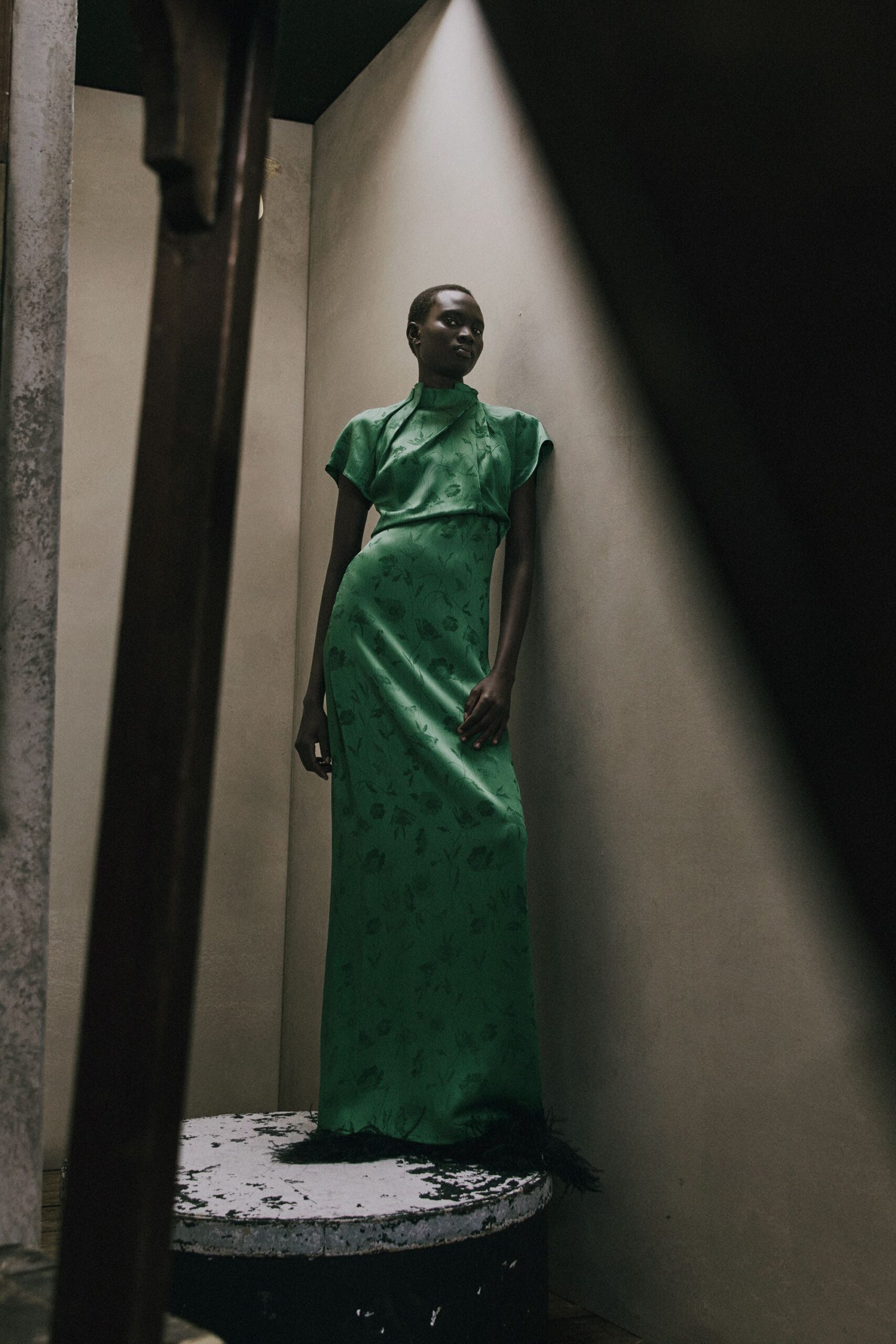 green silk floral gown