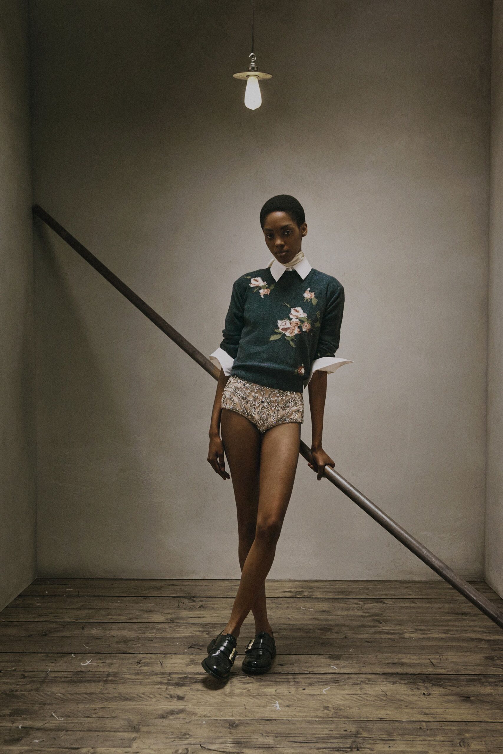 green cotton long-sleeve collared fitted embroidered sweater