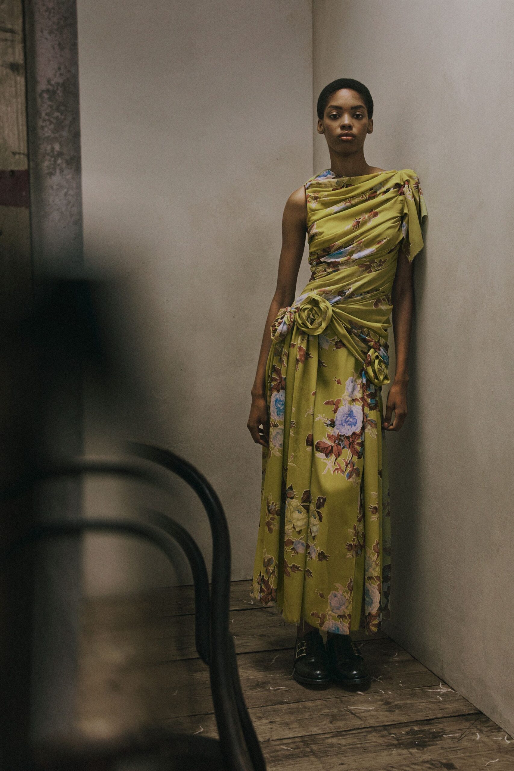 green floral asymmetric gown