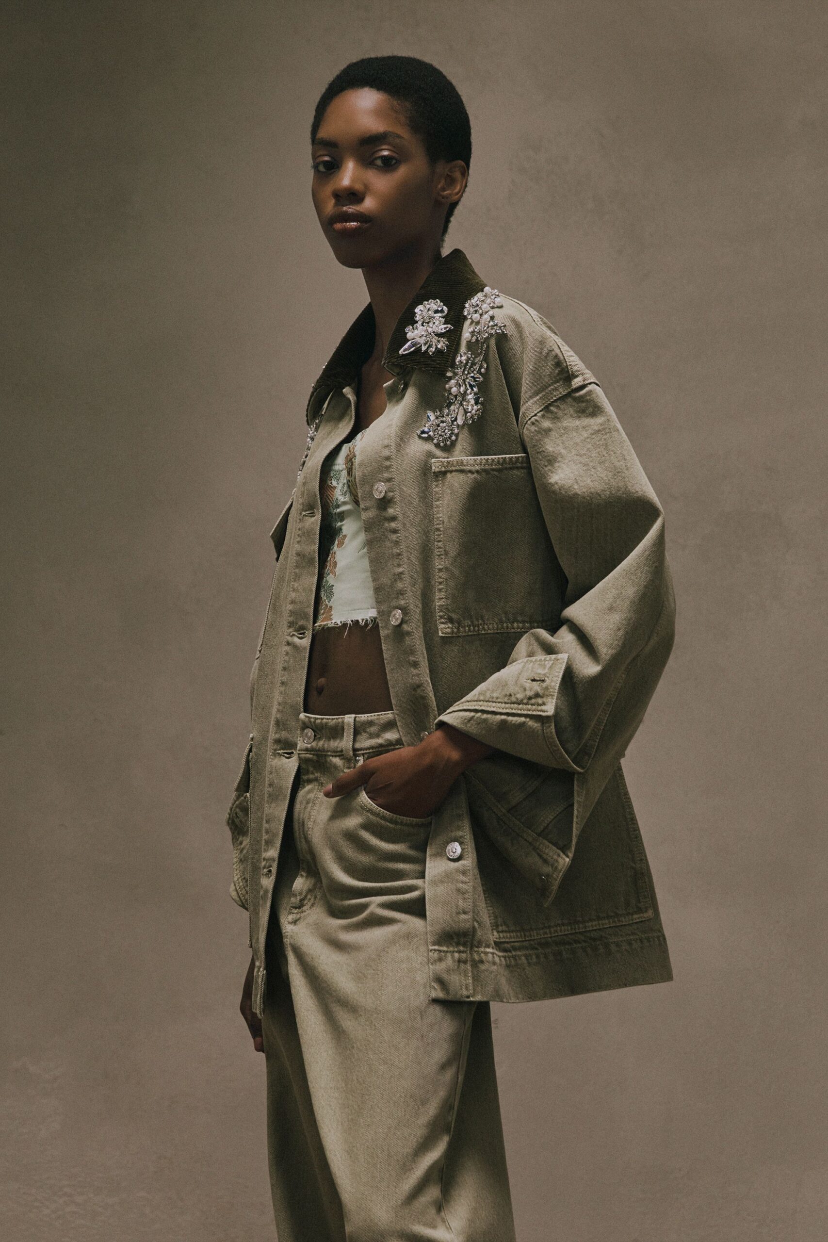 green denim long-sleeve collared oversized embroidered jacket