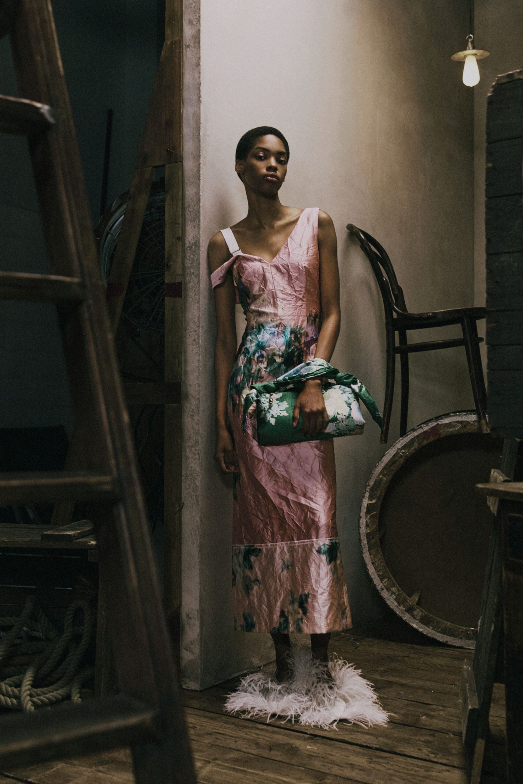 pink silk sleeveless v-neck fitted floral tiered dress