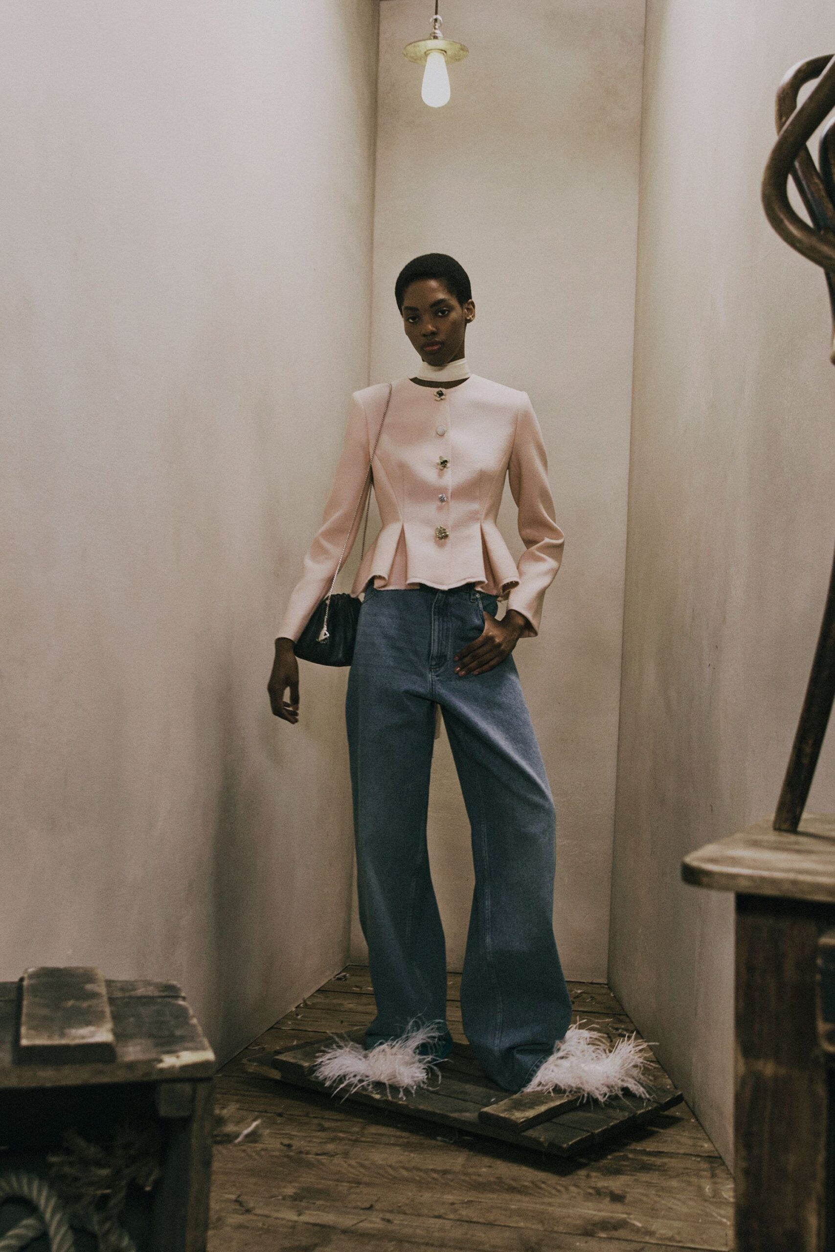 pink cotton long-sleeve collared fitted buttoned jacket