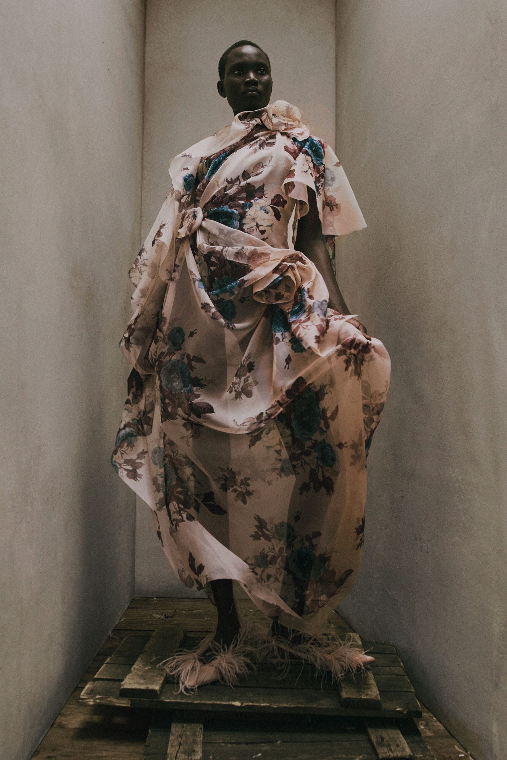 pink chiffon sleeveless high-neck relaxed floral draped gown