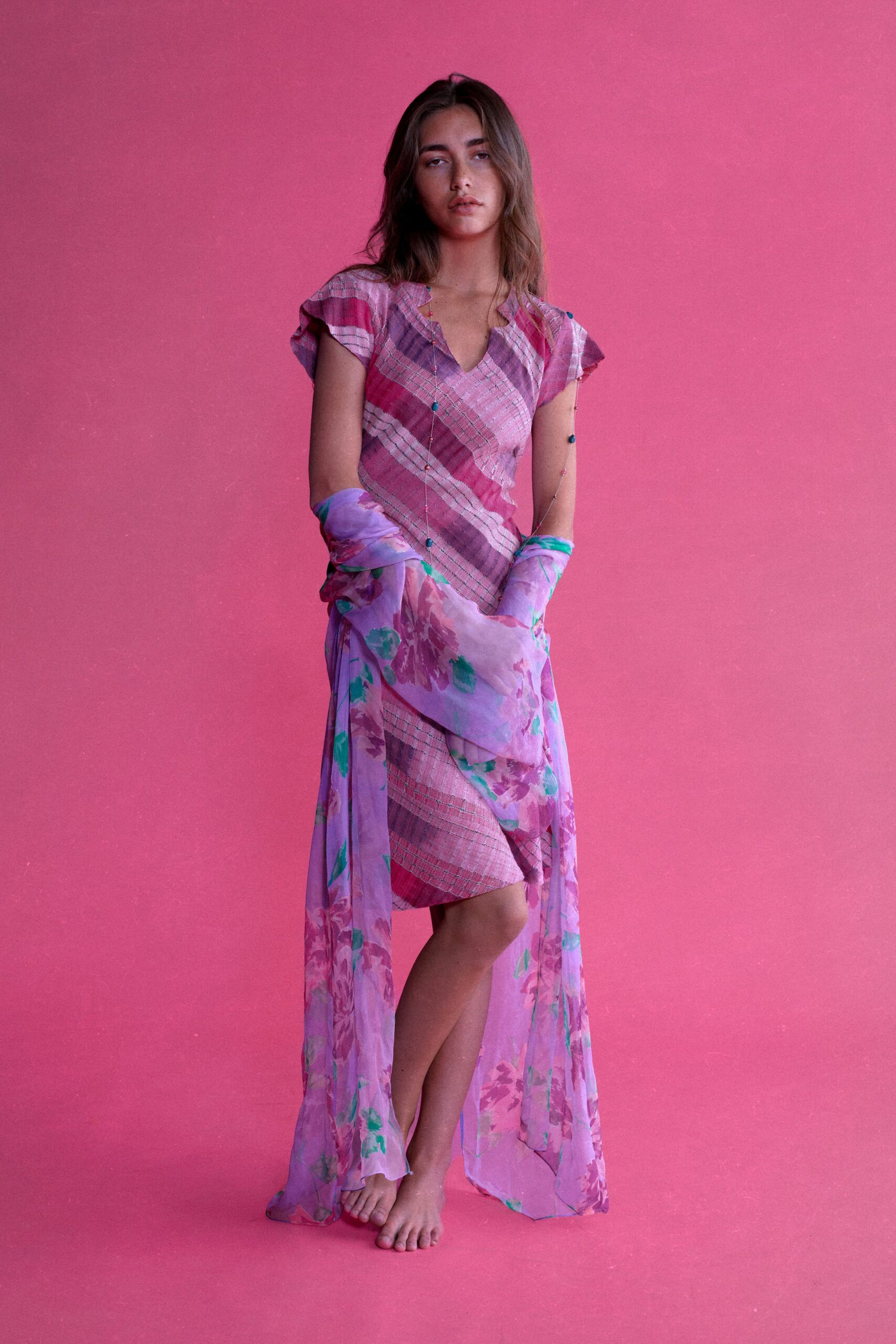 pink chiffon sleeveless v-neck fitted floral layered dress