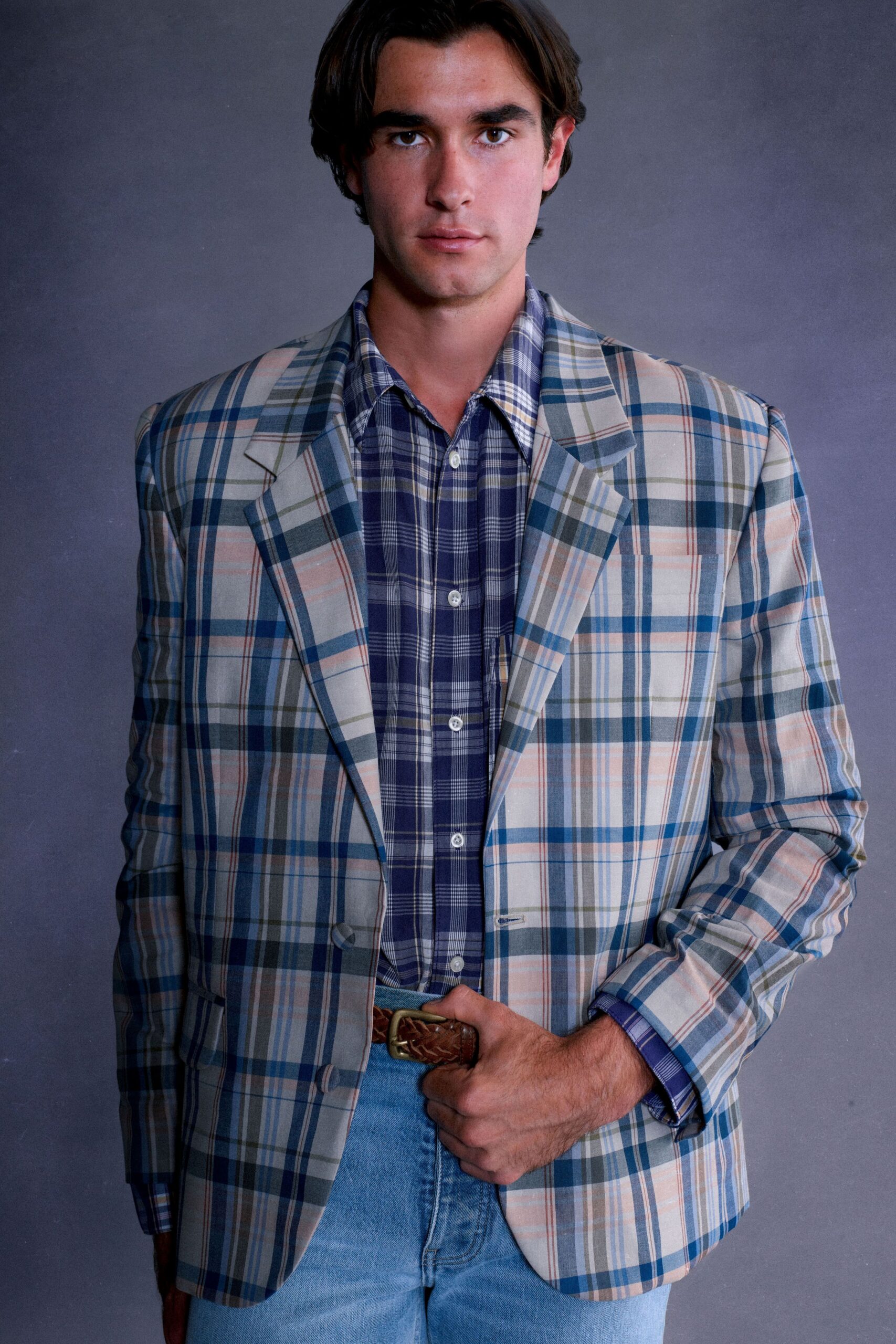 plaid blazer with shirt and jeans