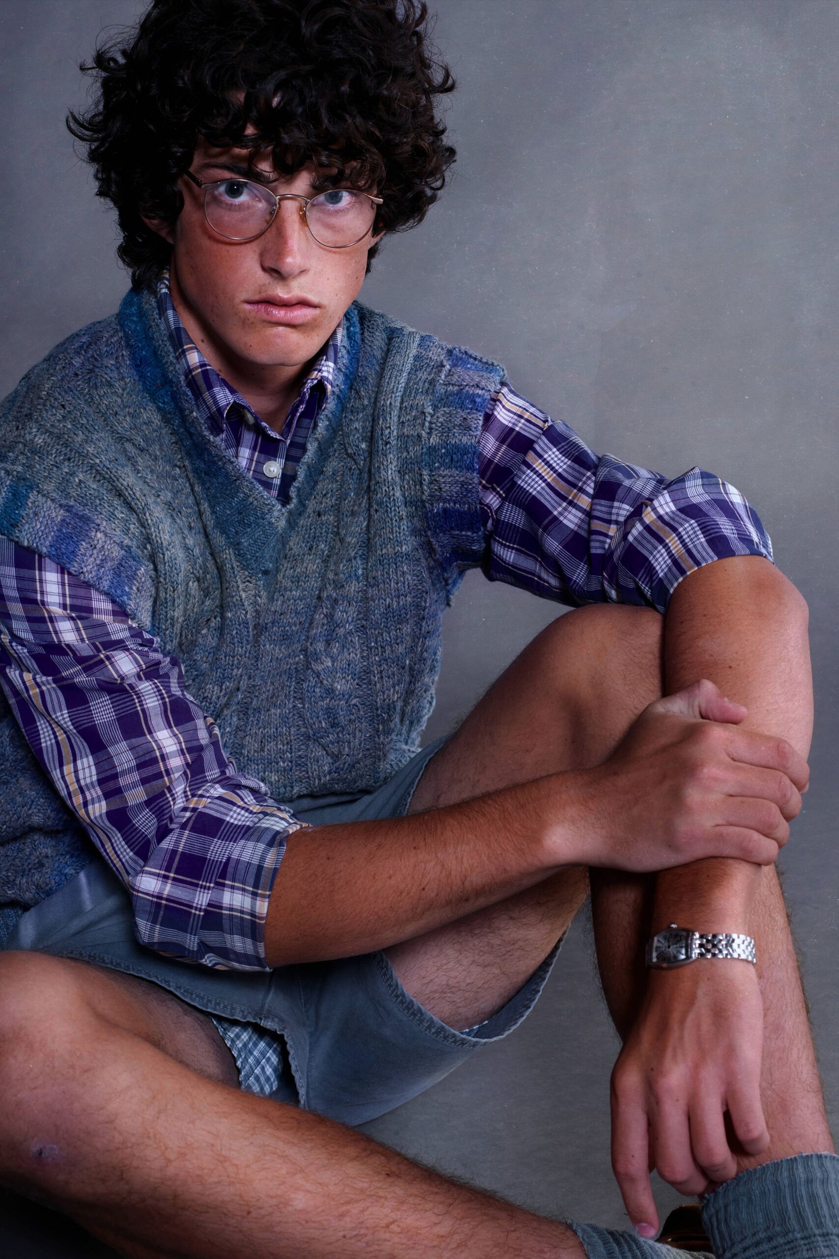 purple cotton long-sleeve collared fitted checked shirt