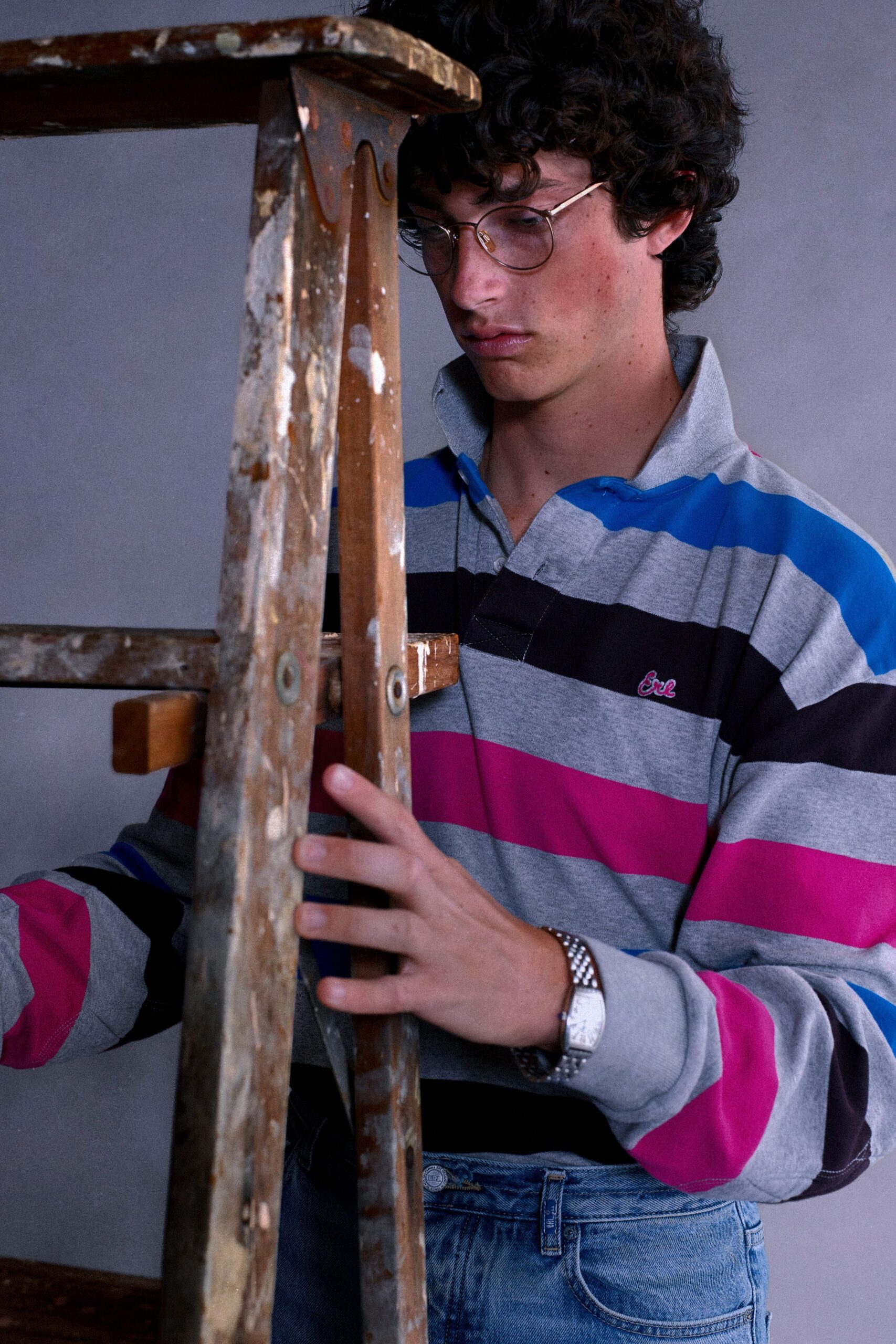 gray cotton long-sleeve collared relaxed striped shirt