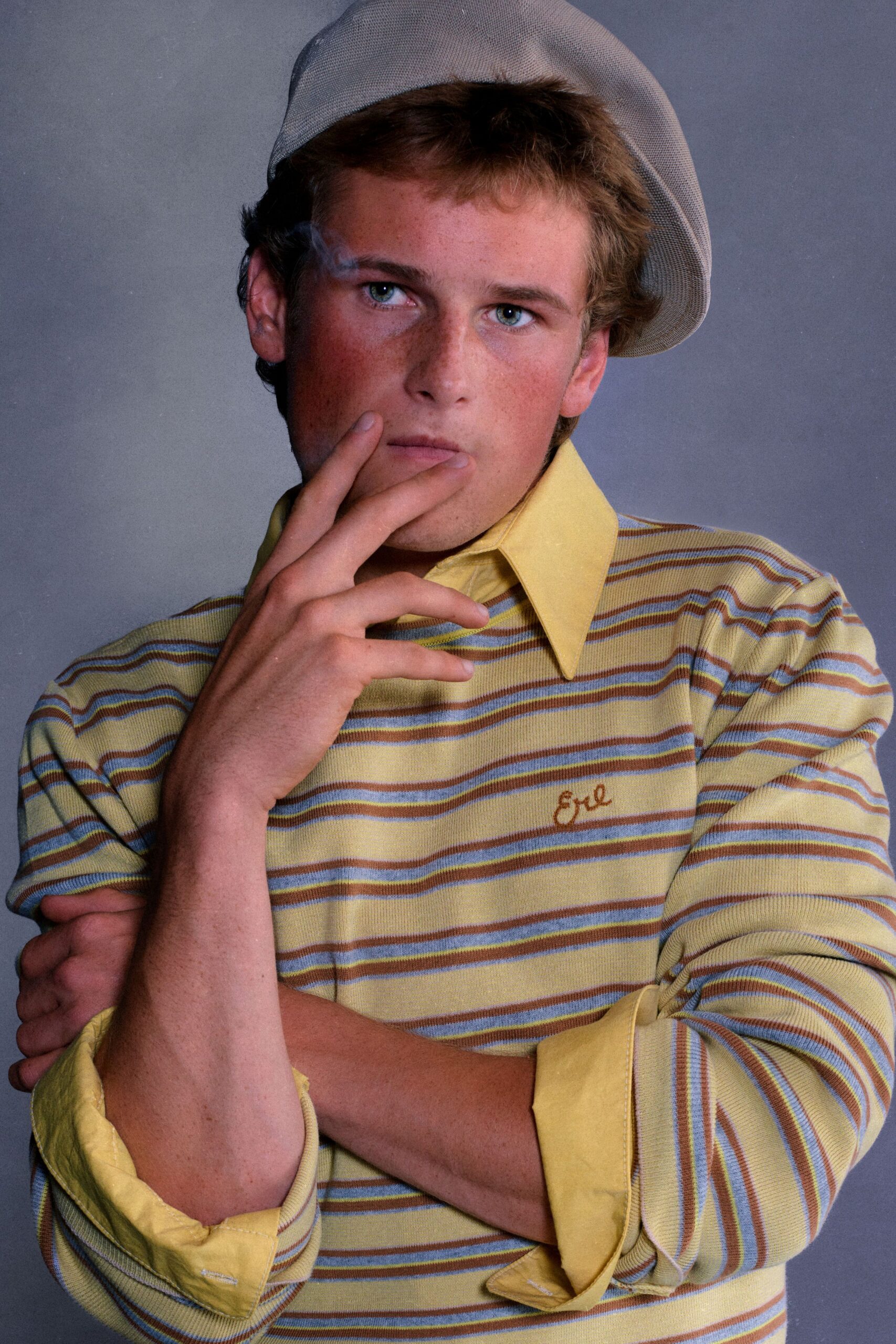 yellow cotton long-sleeve collared fitted striped sweater