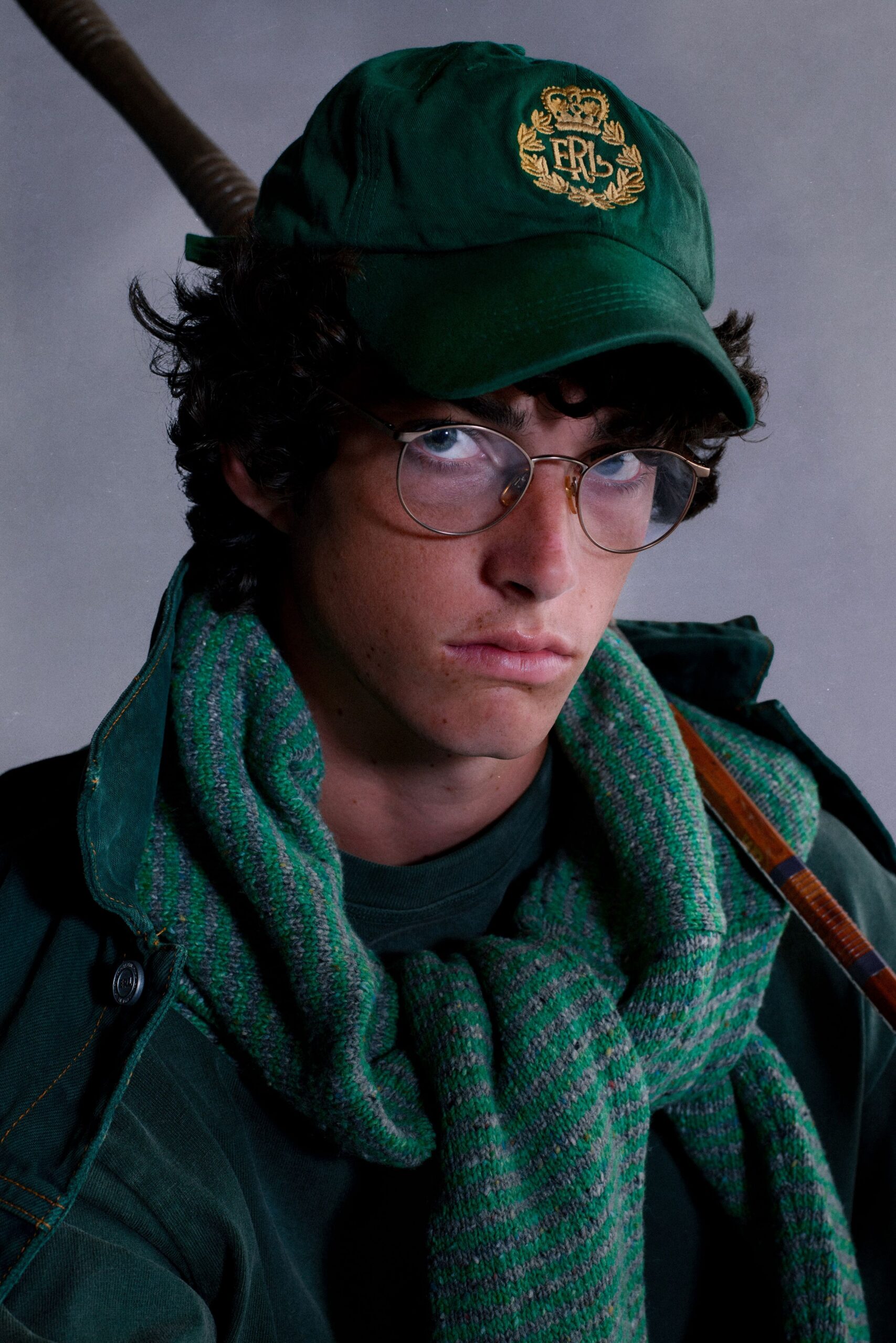 green cotton long-sleeve collared fitted sweater