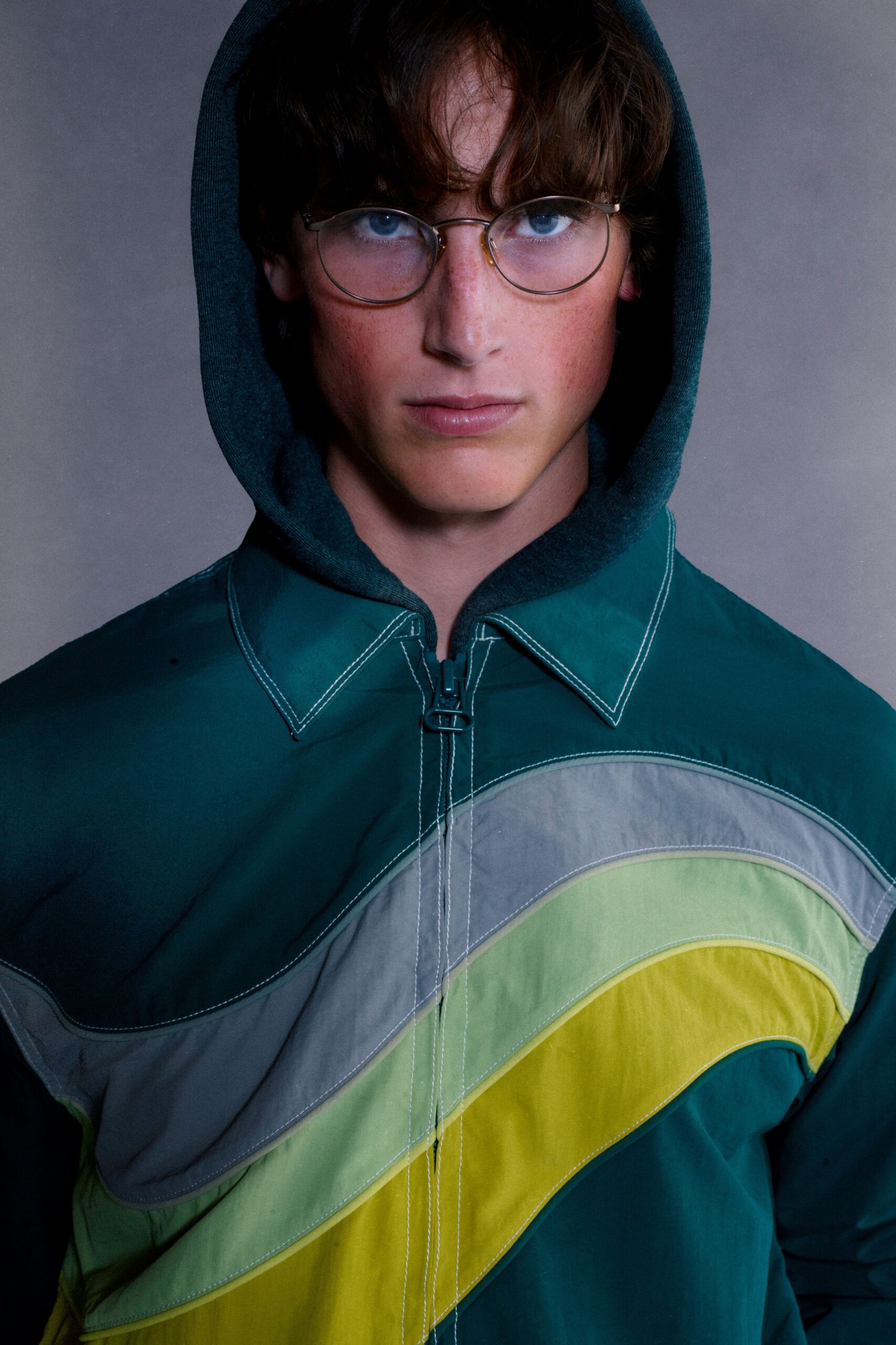 color-blocked green hooded jacket