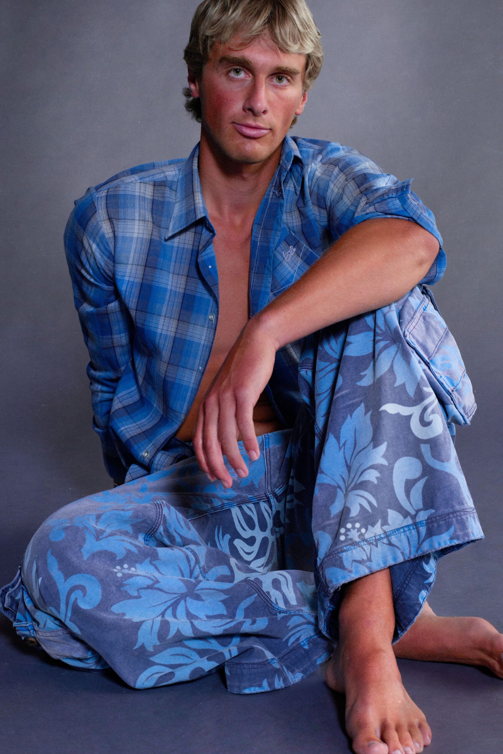 blue cotton relaxed flared pants