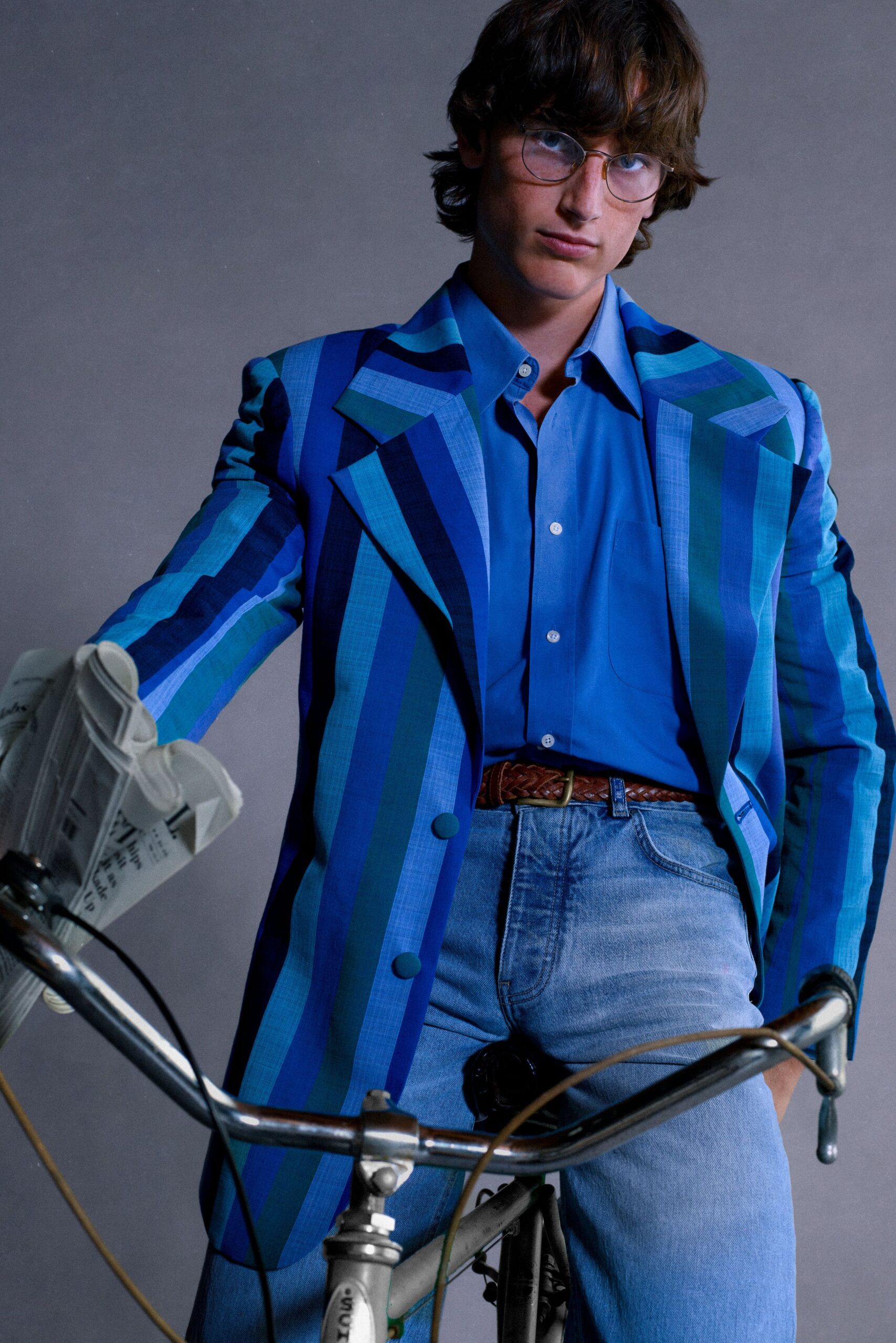 blue long-sleeve collared tailored striped blazer