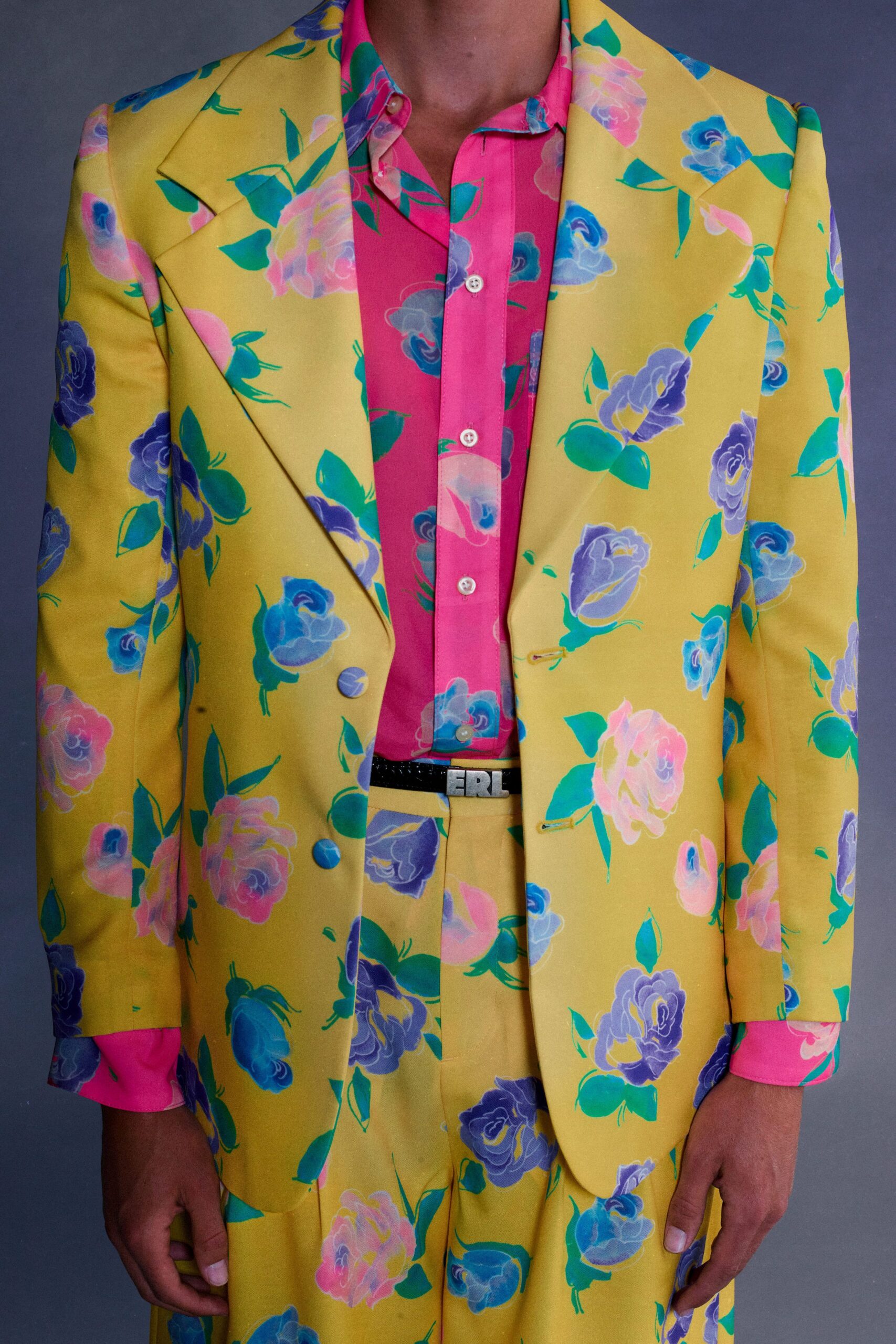 yellow long-sleeve collared tailored floral buttoned suit