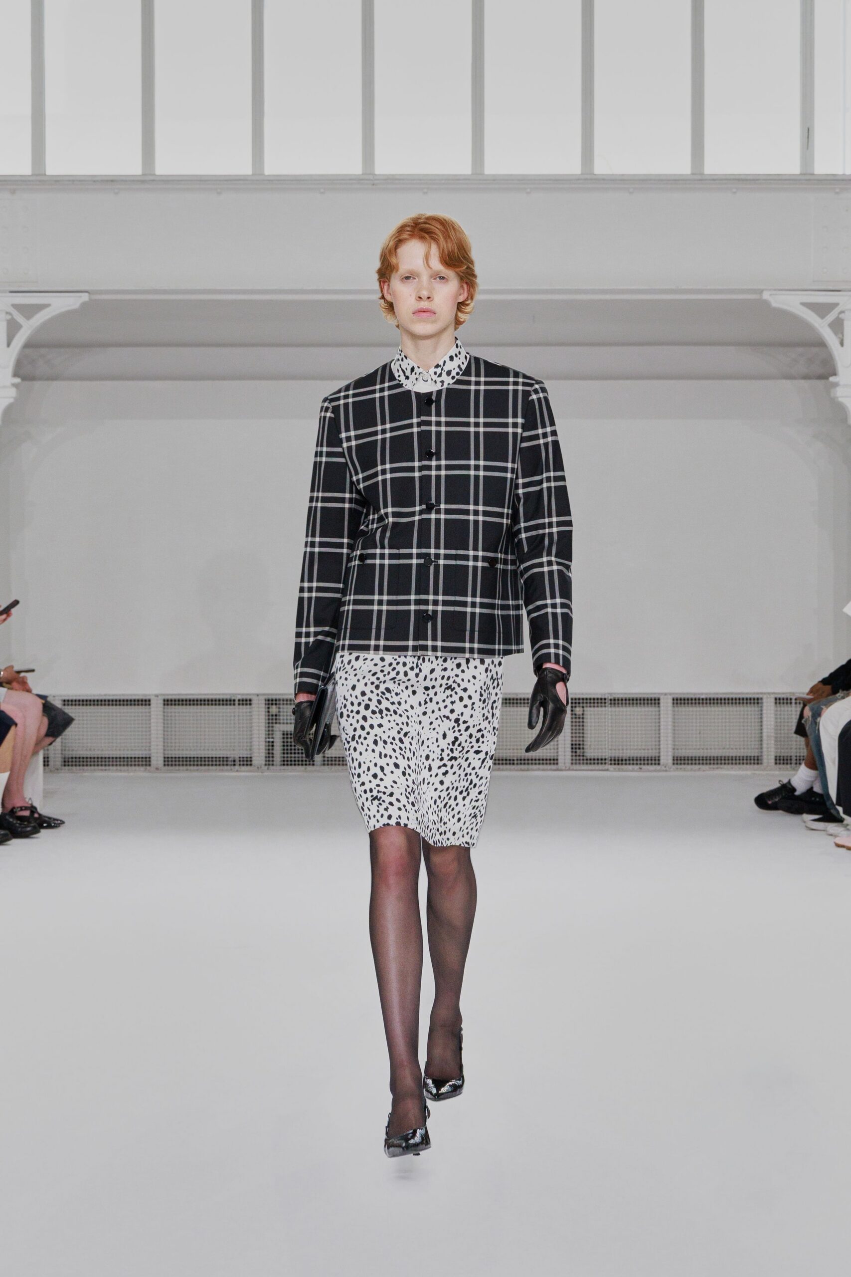 black long-sleeve collared structured checked blazer