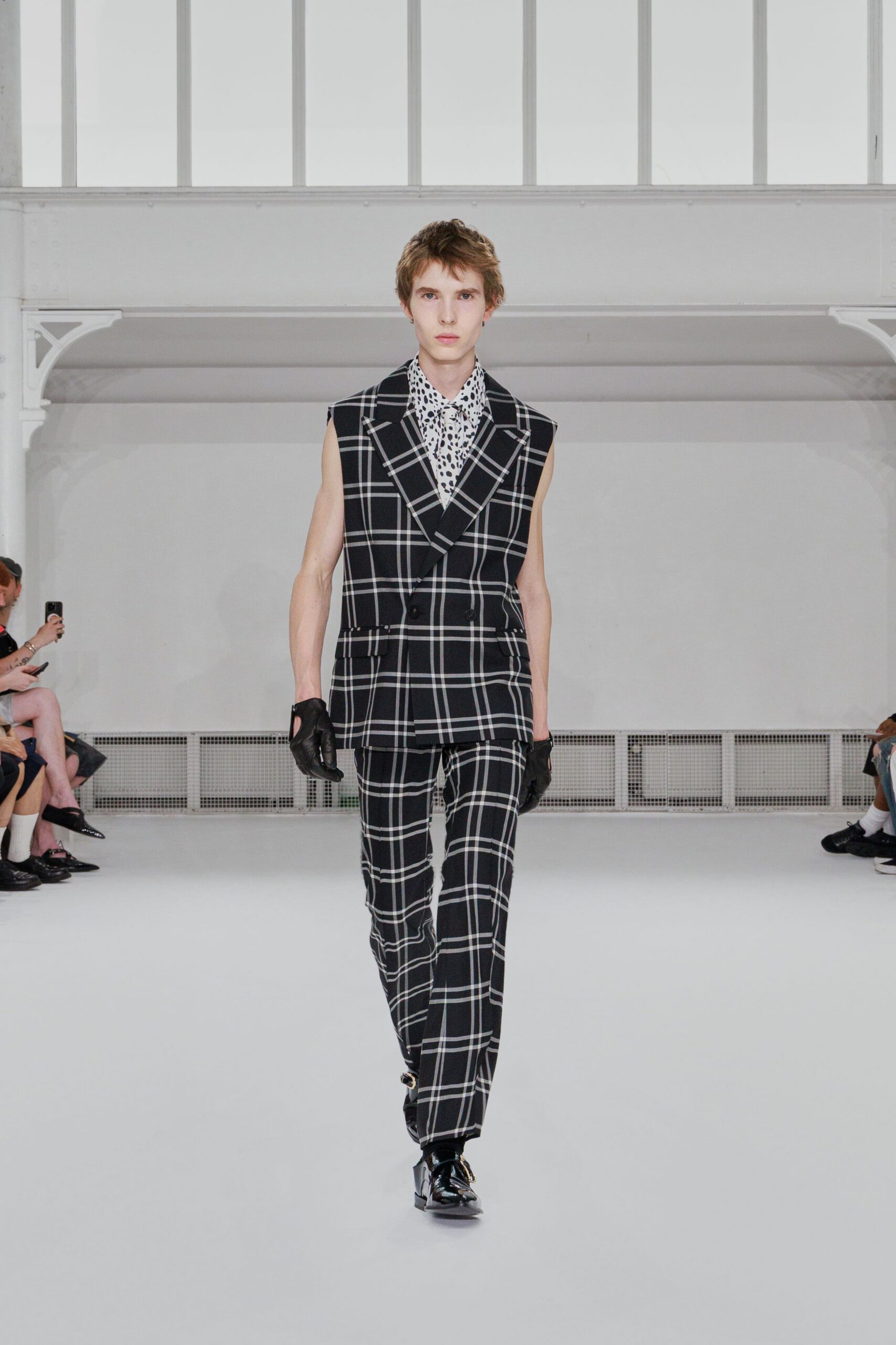 black cotton sleeveless collared fitted checked suit