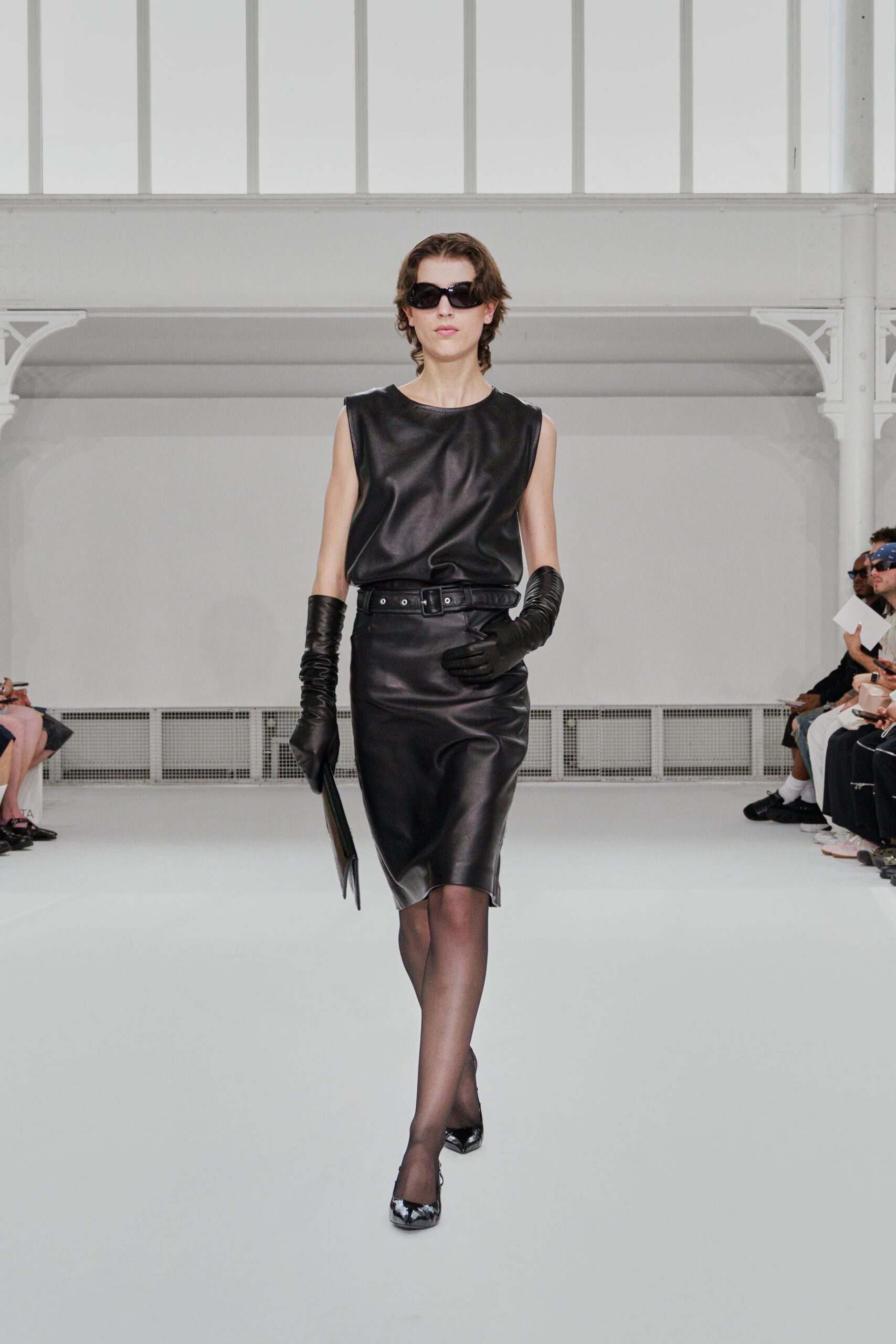 black leather sleeveless high-neck fitted pencil midi dress