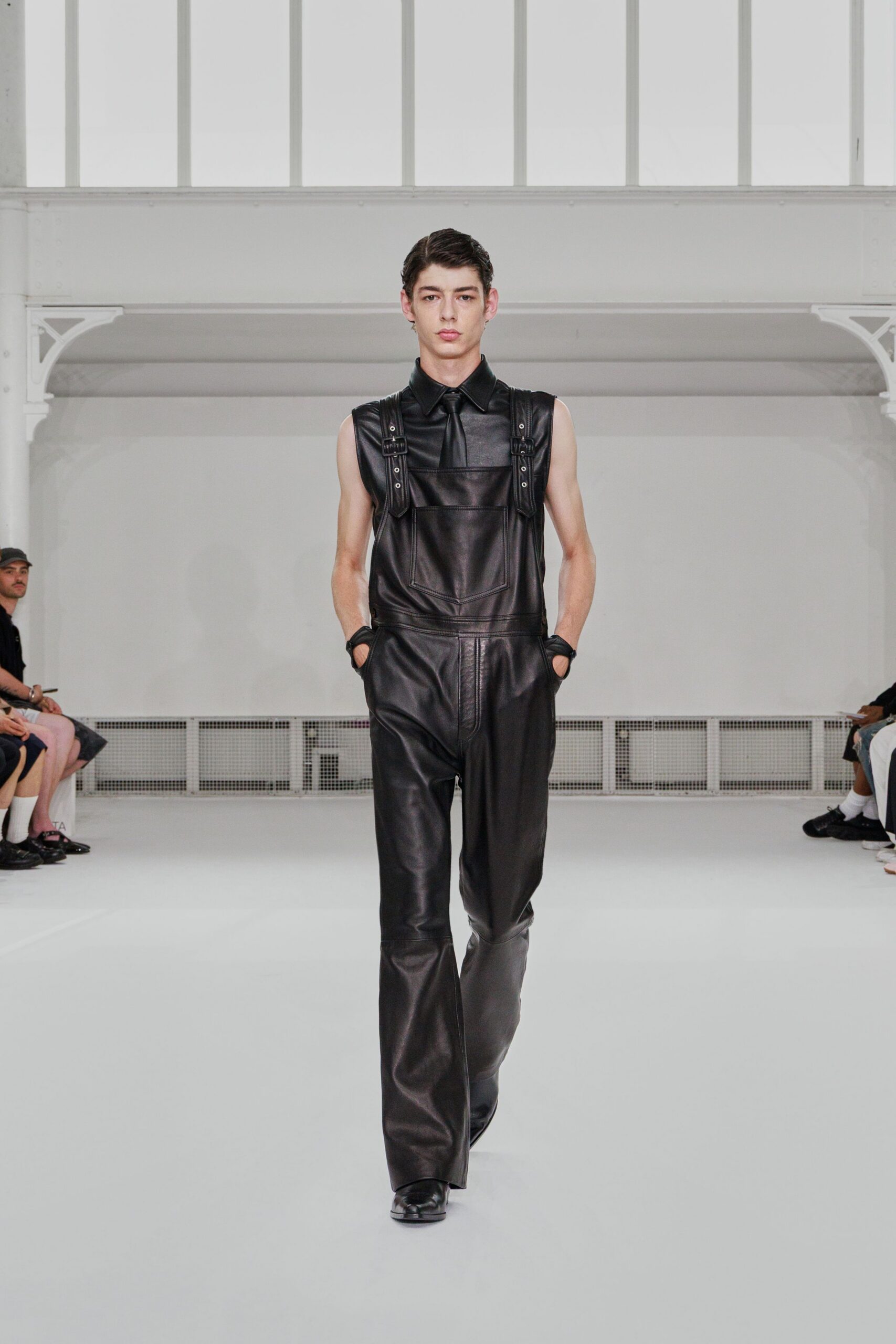 black leather sleeveless collared fitted zippered jumpsuit