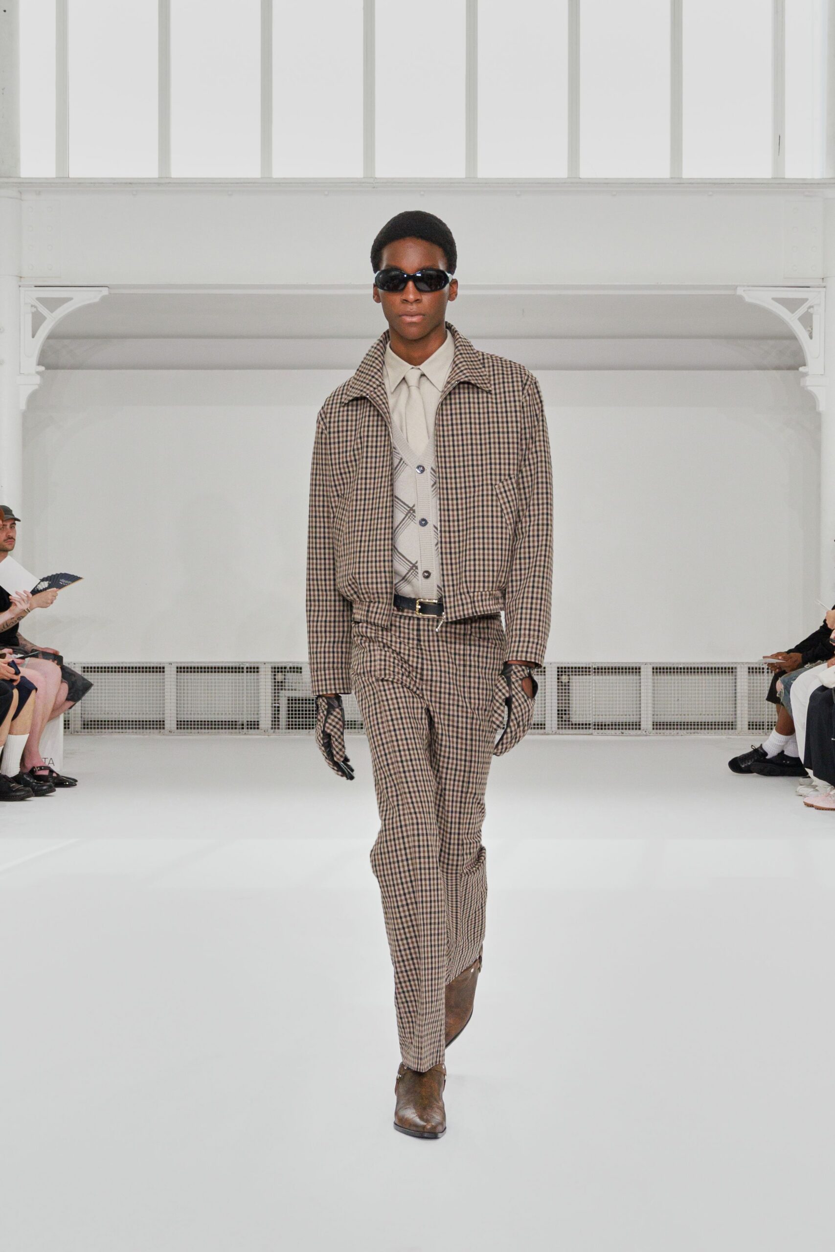 brown cotton long-sleeve collared structured checked jacket